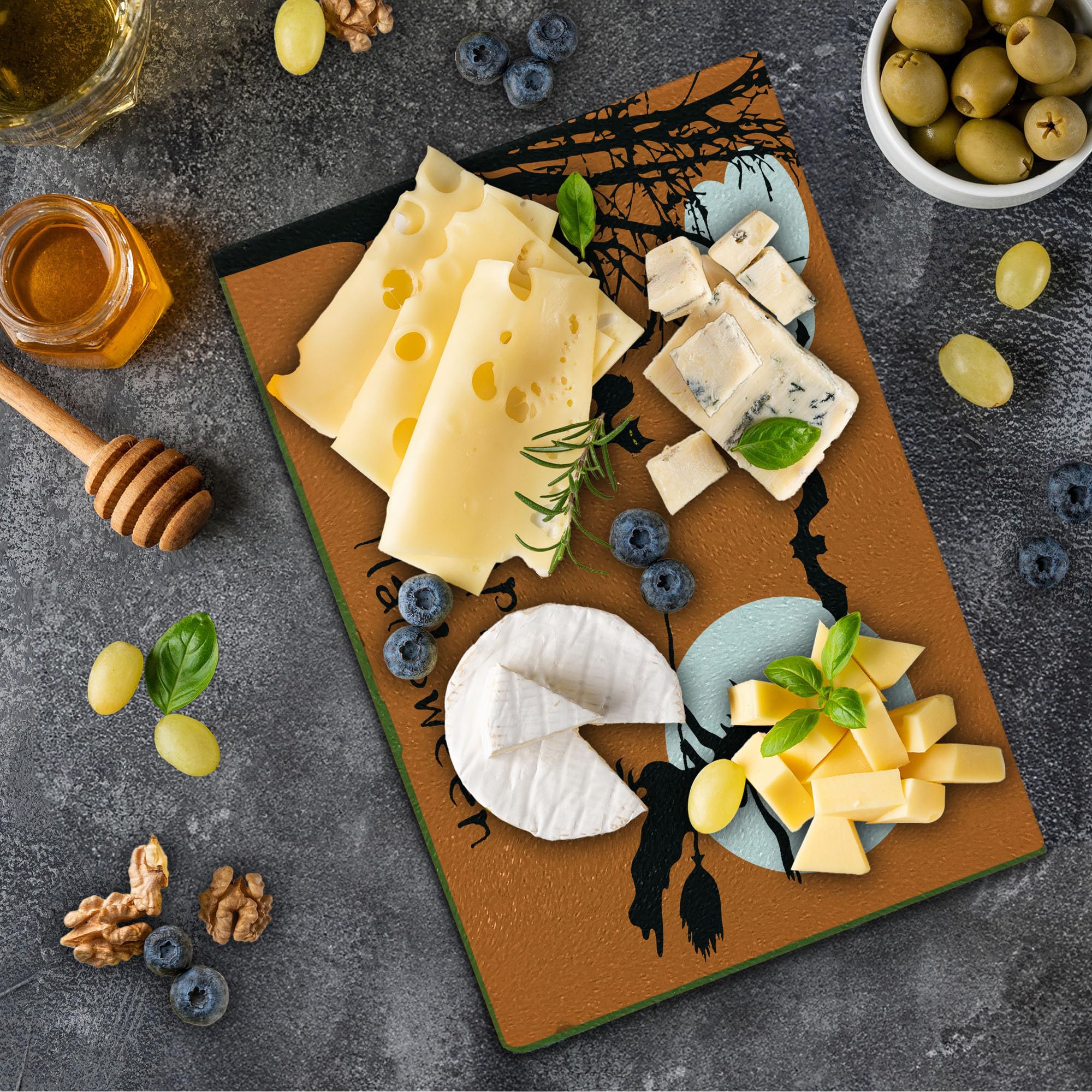 Lunarable Halloween Witch Cutting Board - Flying Witch, Full Moon, Bat Silhouette Design - Tempered Glass Serving Board for Kitchen & Party Decor - Small Size Orange Black White - Perfect for Halloween Parties, Kitchen Decor & Gift Giving