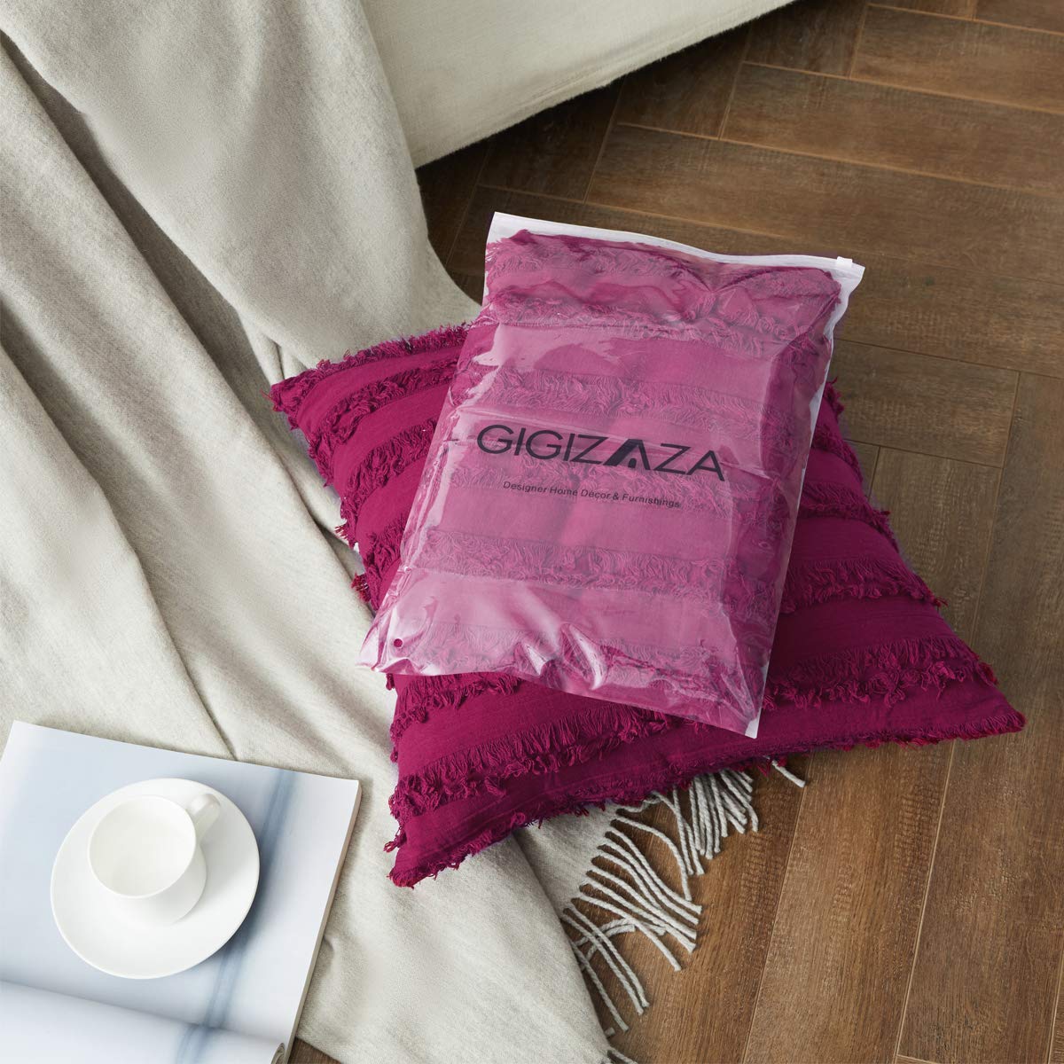 GIGIZAZA 24x24 Decorative Throw Pillow Covers - Wine Red Square Cotton Couch Pillow Covers for Sofa, Boho Style Home Decor | Perfect for Living Room, Bedroom & Outdoor Furniture