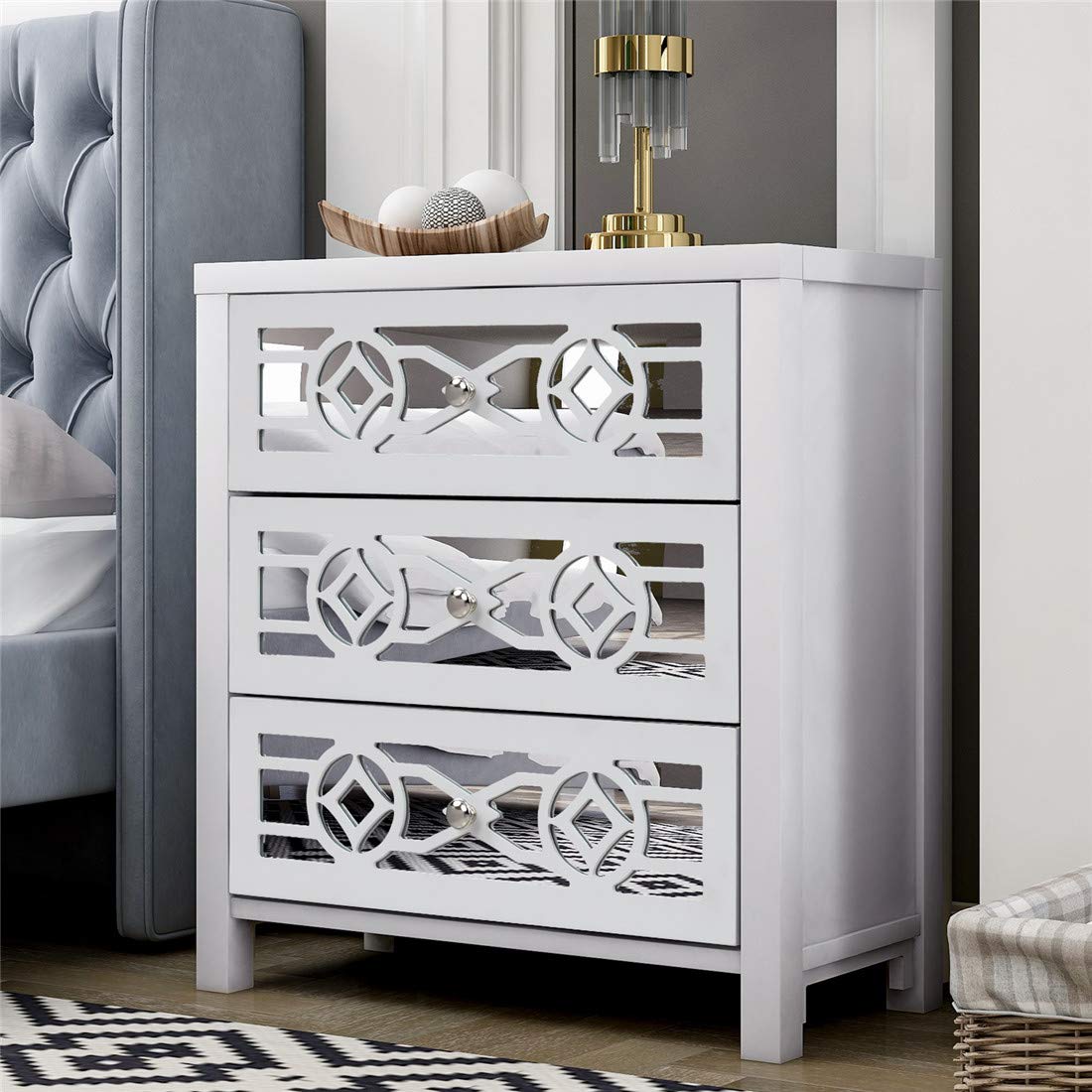 Modern 3-Drawer Dresser Chest with Decorative Mirror - Solid Wood Frame, Wide Storage Space - Functional Bedroom Organizer (Antique White) | Perfect for Bedroom, Living Room & Dorm Organization