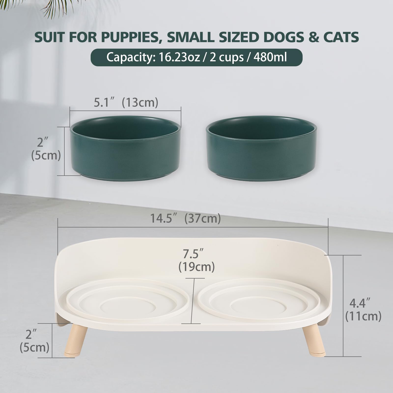 Elevated Ceramic Cat Bowl Set - Raised Double Dishes for Food & Water - Non-Slip Stand & Splash Proof - for Cats & Puppies - 2 x 480 ML (16.23 OZ) - Perfect for Healthy Posture & Mess-Free Feeding at Home
