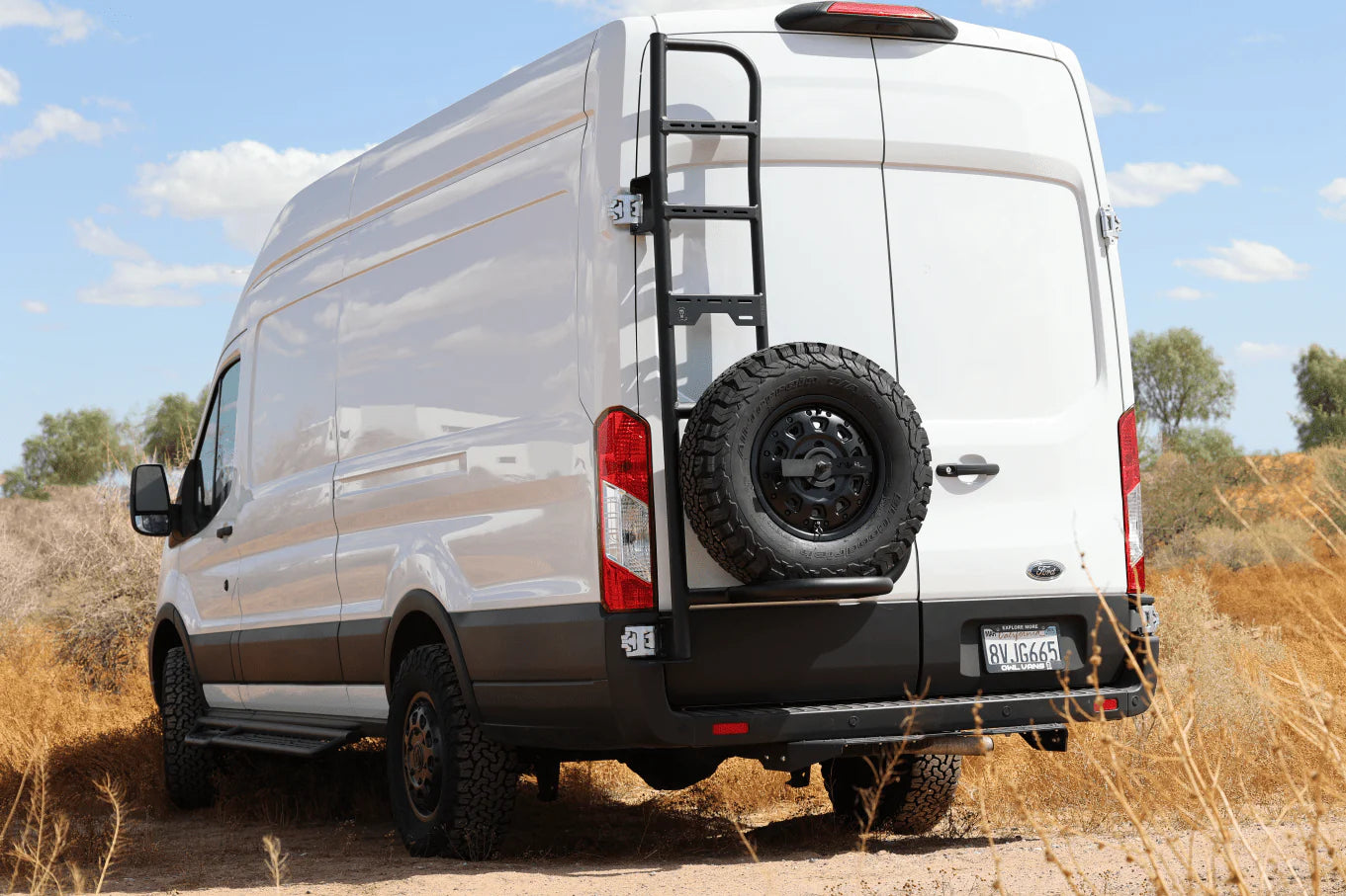 Owl Explorer Ladder & Tire Carrier for 2015-2023 Ford Transit High Roof Van | Heavy Duty Roof Accessories for Camping & Adventure Van Life