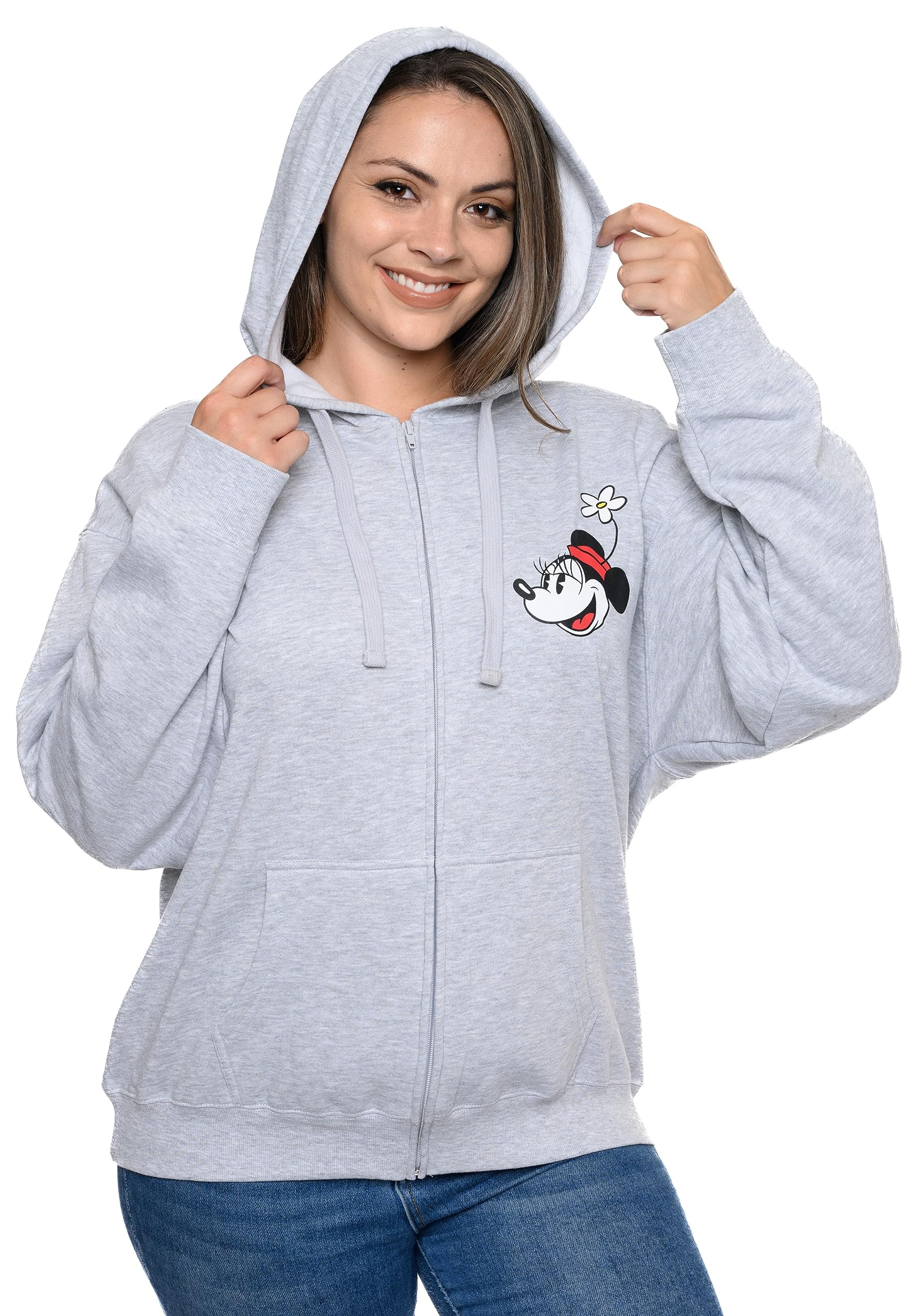 Disney Women's Mickey & Minnie Mouse Print Zip Up Hoodie - Cozy Fleece Pullover for Casual Wear & Disney Theme Park Outfits