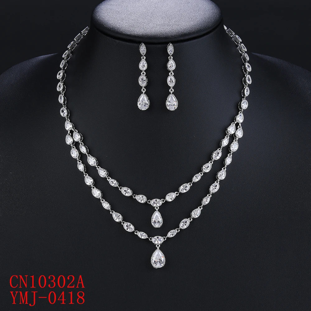 2-Layer AAA Cubic Zirconia Necklace & Earrings Set for Women - Elegant White Wedding Jewelry Gift Set - Perfect for Bridal, Anniversary and Special Occasions