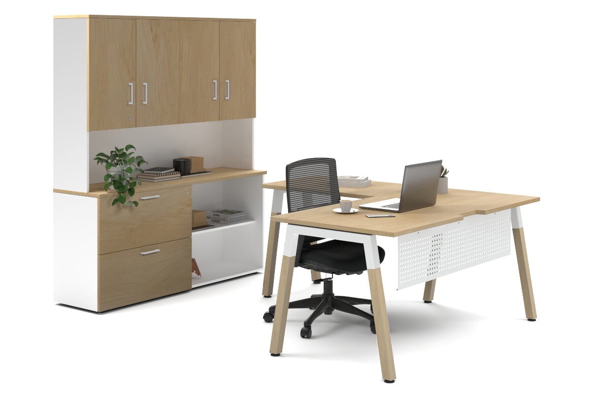 Premium L-Shaped Quadro A Legs Executive Desk with Wooden Legs & White Cross Beam - 1800L x 1800W with Cable Management Scallop - Perfect for Home Office, Corporate Workspace & Modern Study Room