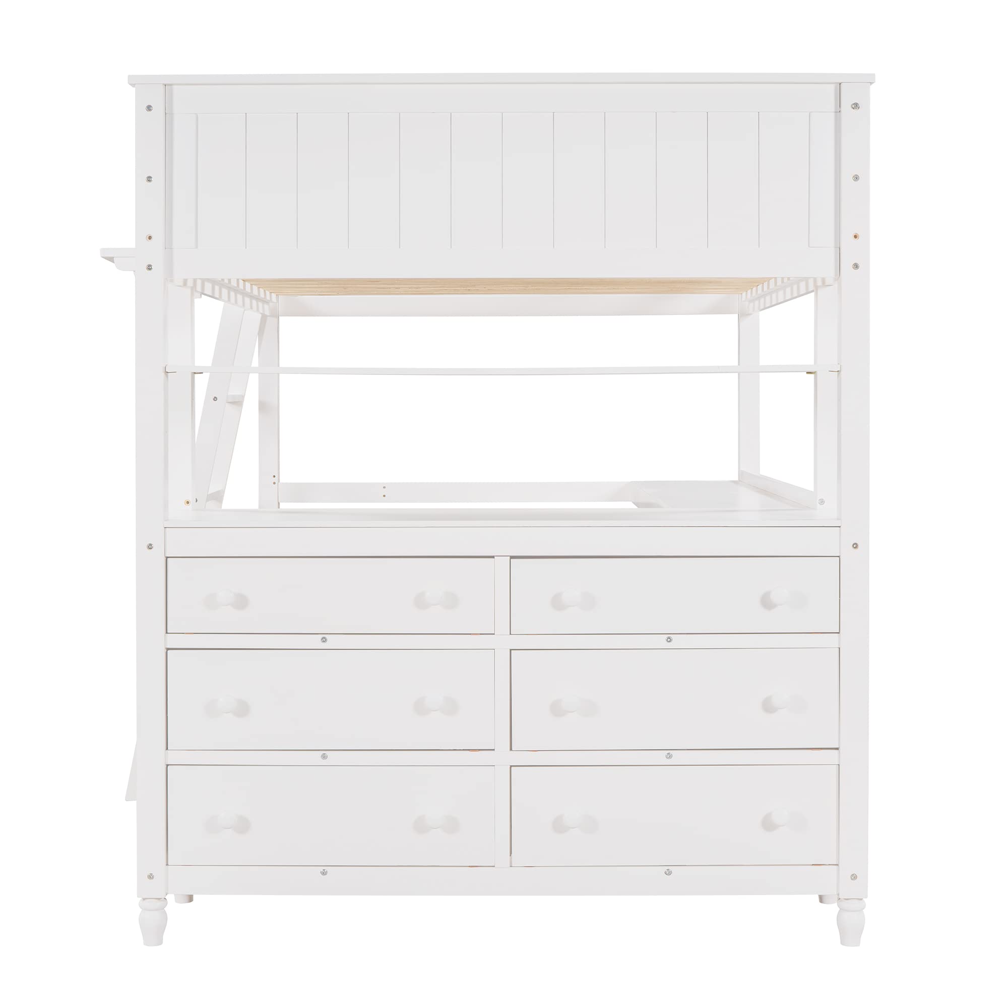 Full Size Wooden Loft Bed Frame with 6 Storage Drawers, Shelves, Desk & Safety Ladder - Sturdy Kids Bedroom Furniture for Small Spaces - Perfect for Teens, College Dorms & Tiny Homes (White)