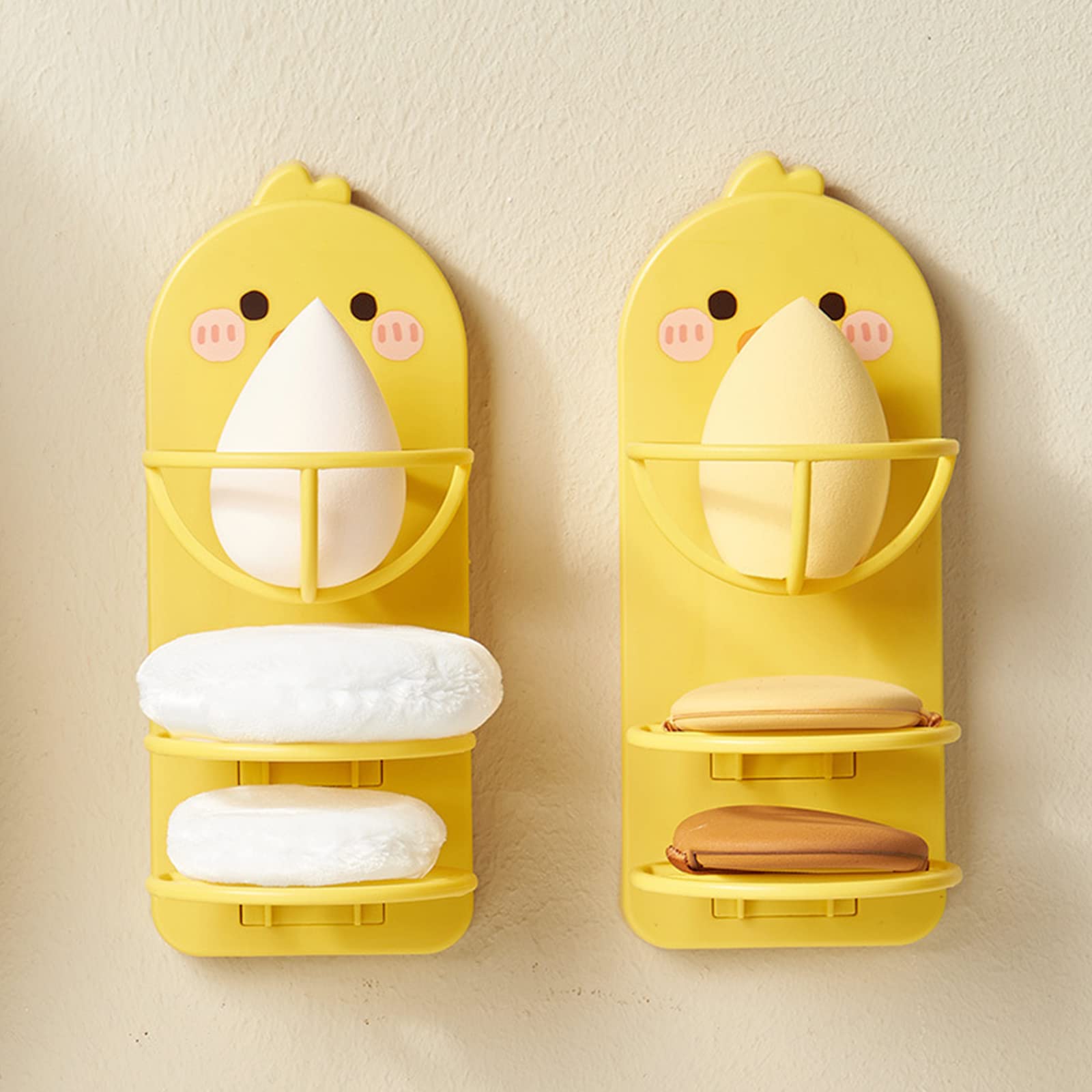 2PCS Cute Duck Makeup Sponge Holder - Cartoon Animal Adhesive Bathroom Organizer, No Drilling Traceless Vanity Shelf for Beauty Blender, Egg Powder Puff Drying Stand & Storage | Perfect for Makeup Vanity, Bathroom Counter & Travel Cosmetic Organization