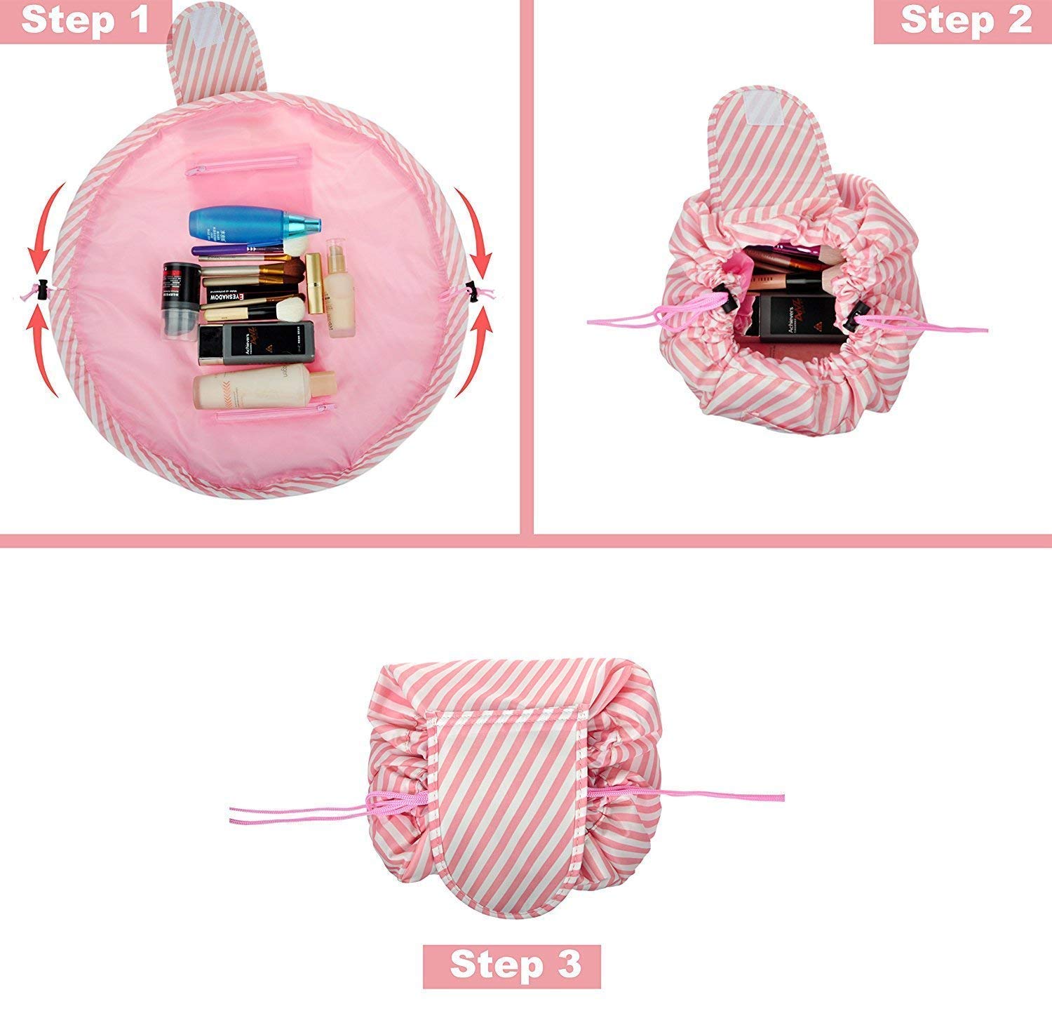 SK Trades Waterproof Multifunction Travel Cosmetic Organizer Bag for Women - Portable Toiletry Pouch with Drawstrings, Pink Lining - Perfect for Vacation, Gym & Daily Makeup Storage