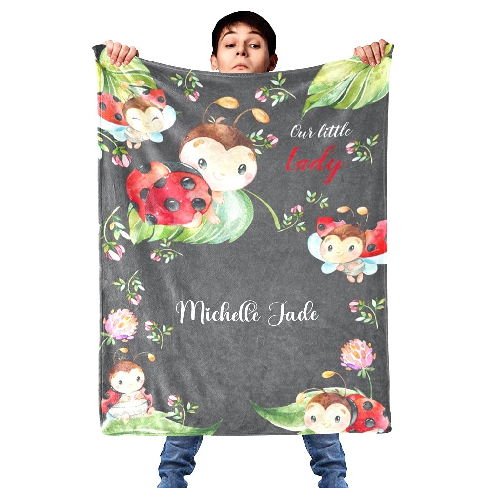 Personalized Baby Blanket with Name - Custom Little Ladybird Design 30x40 Inch Soft Swaddling Blanket for Newborn Boys & Girls - Perfect Baby Shower, Birthday Gift & Nursery Essential