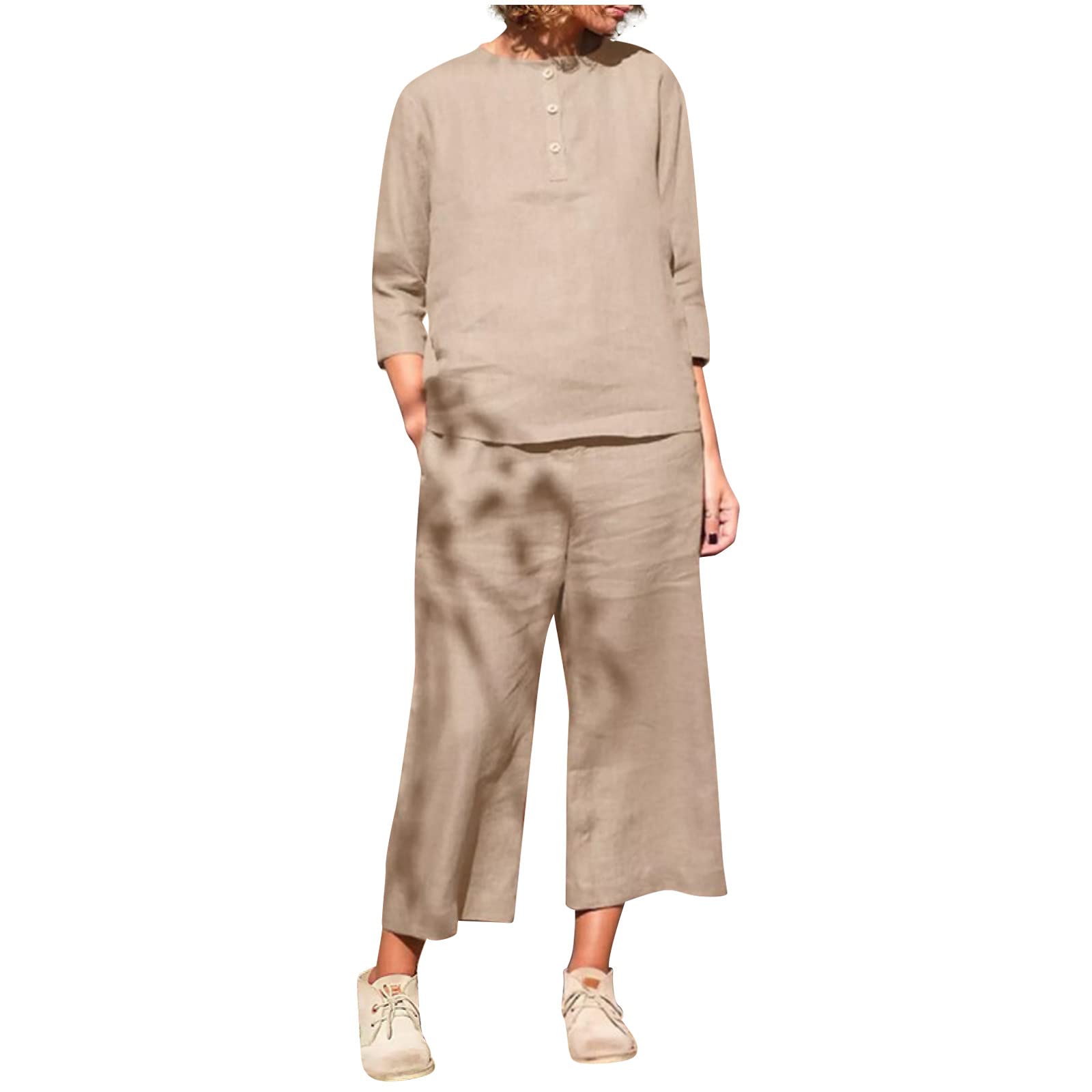 Women's 2-Piece Suit Set - Round Neck Solid Long Sleeve Blouse with Loose Pants | Gym Outfit, Workwear & Casual Matching Sets | Perfect for Office, Yoga & Everyday Wear