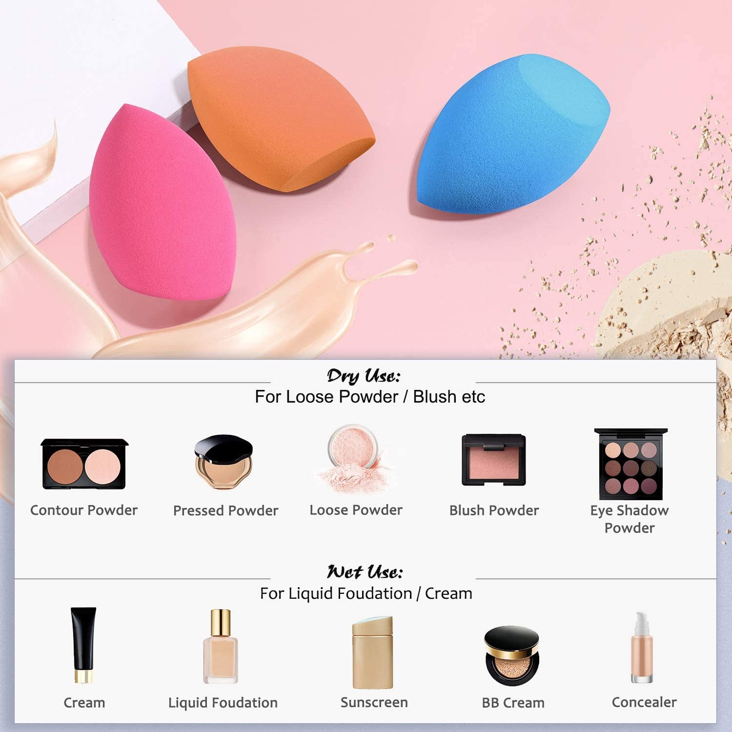 Gonegal Makeup Sponges - 3 Pack Professional Beauty Blender Sponge for Foundation, Concealer & Powder - Dry & Wet Use - Perfect for Everyday Makeup, Contouring & Airbrush Finish