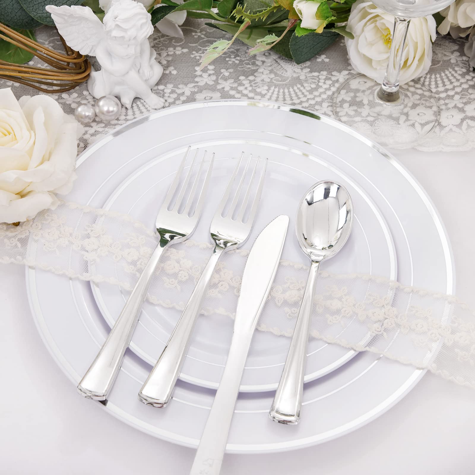 WELLIFE 200-Piece Silver Plastic Party Plates Set - Disposable Dinnerware for Events, Includes 40 Dinner Plates, 40 Dessert Plates & 40 Silver Plastic Cutlery - Perfect for Weddings, Birthdays & Catering Events
