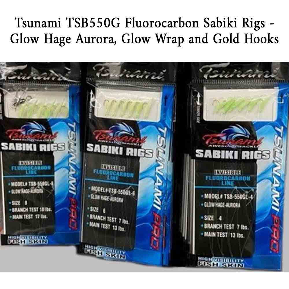 Tsunami TSB550G Glow Hage Aurora Fluorocarbon Sabiki Rig - Premium Saltwater Fishing Bait Rig for Night Fishing & Deep Sea Angling
