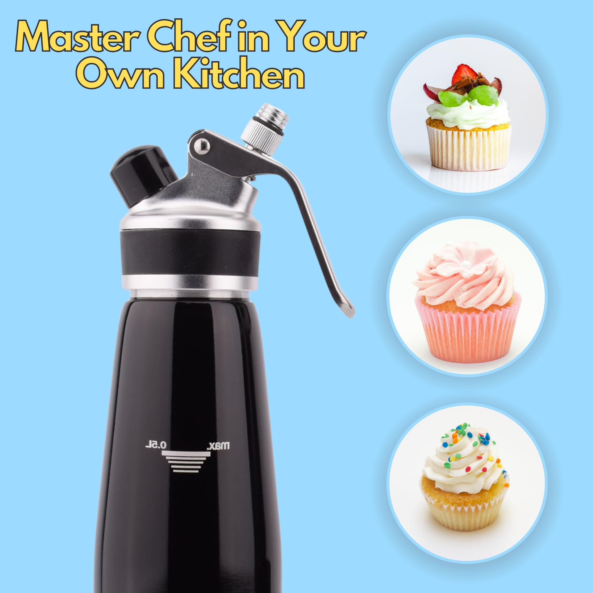 ZEAL'N LIFE Professional 500ml Whipped Cream Dispenser with Decorating Nozzles & Brush - Stainless Steel Cream Whipper for Desserts, Coffee, Cocktails & Cake Decorating (Black)