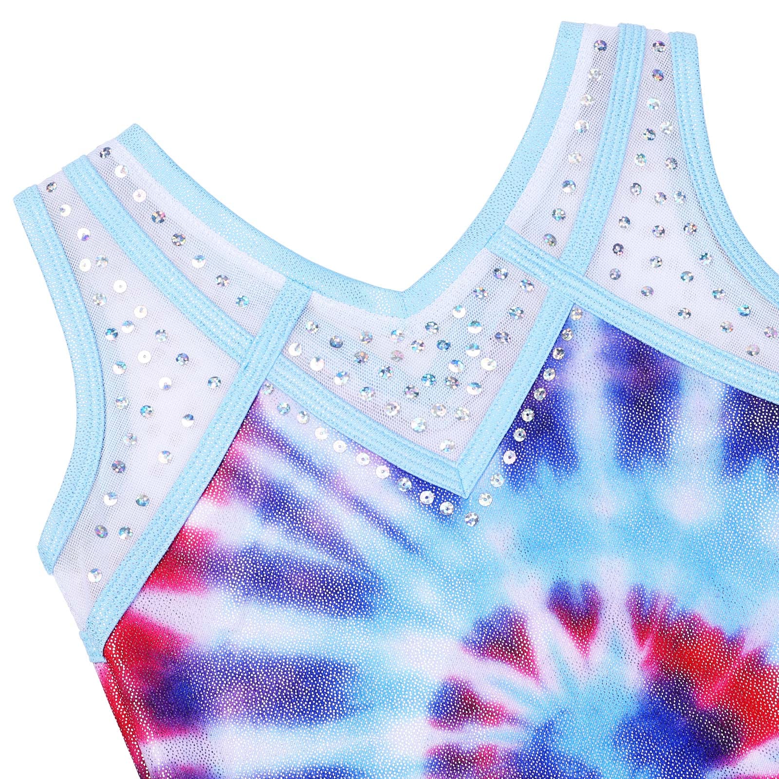 BAOHULU Girls Gymnastics Leotards with Shiny Sequins & Lace Spliced Design - Kids Dancewear B286 Tie Dye Blue 12A for Ballet, Cheerleading & Performance