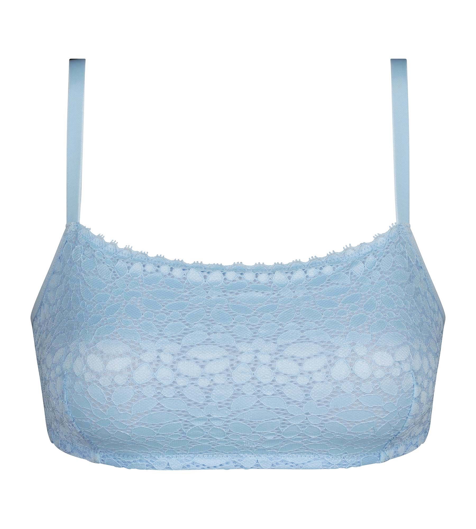 Floral Lace Bralette Wireless Comfort Bra - Blue Everyday Lingerie for Casual Wear & Sleep