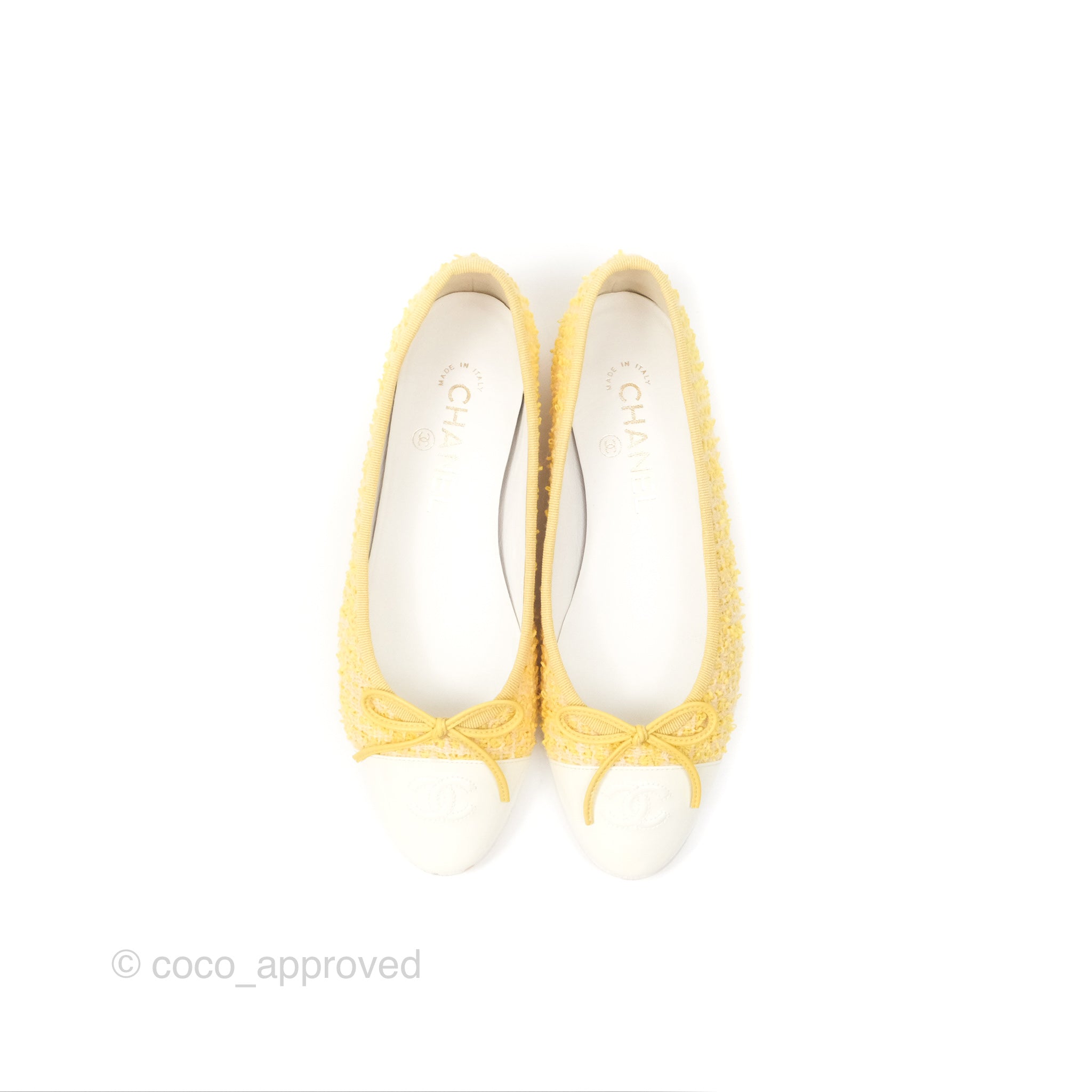Chanel Ballerina Flats in Yellow Tweed with White Accents - Women's Size 37 (US 7) | Classic Comfortable Ballet Shoes for Work, Date Night & Casual Outings