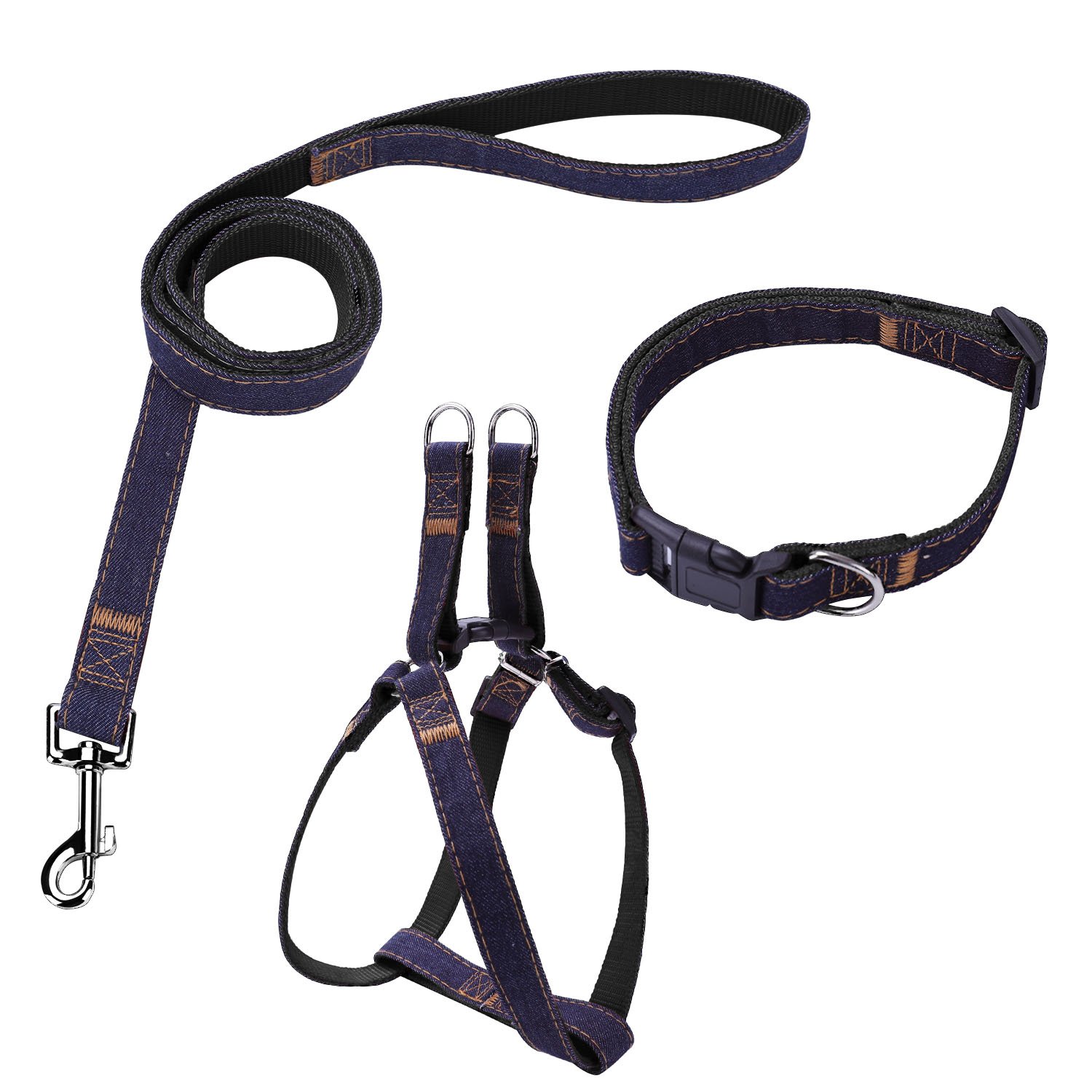 Premium Dog Harness, Leash & Collar Set - Heavy Duty Nylon with Denim Design for Small, Medium & Large Dogs - Perfect for Walking, Training & Outdoor Adventures (M, Black)