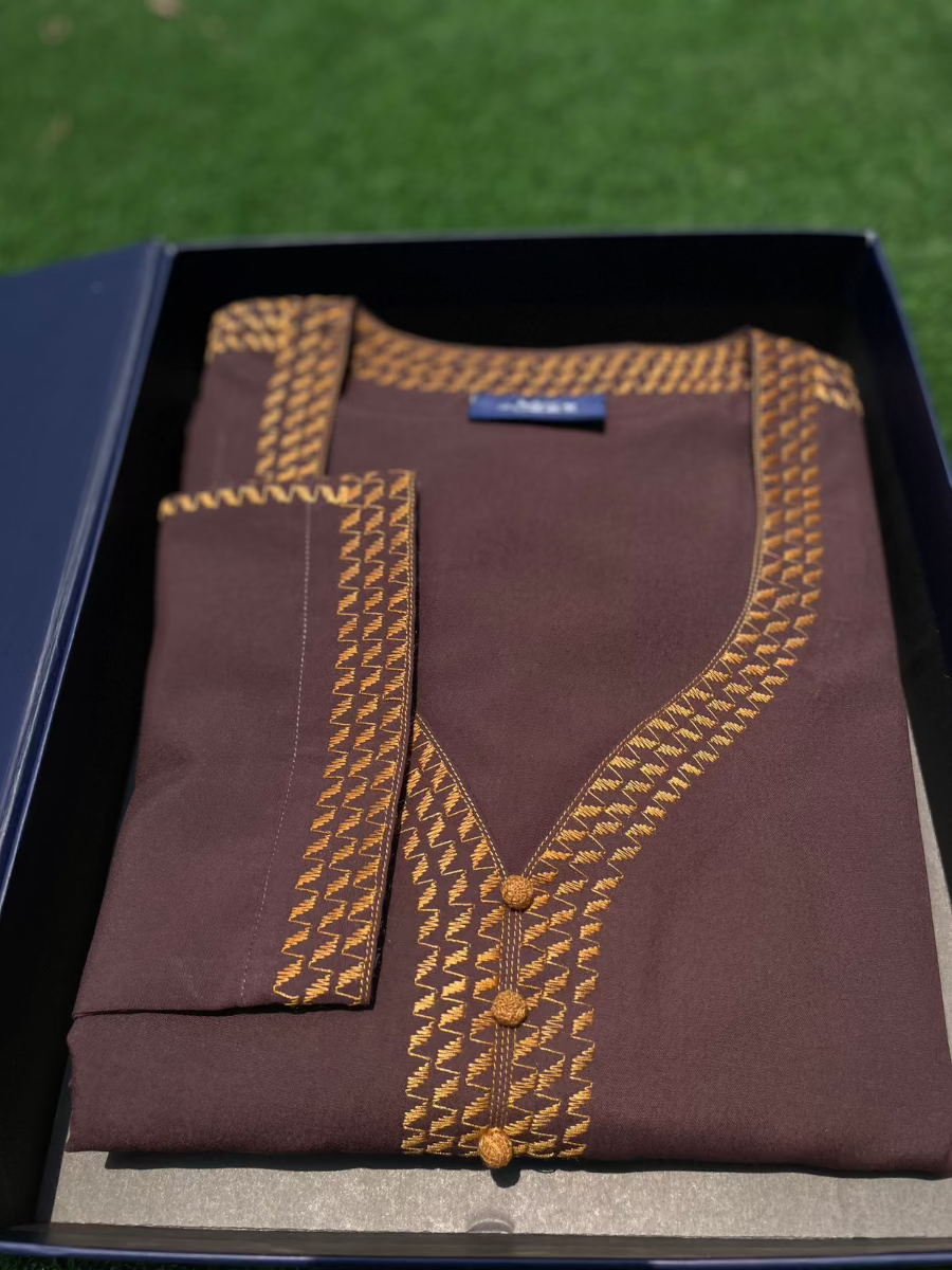 Men's Cinnamon Orange Embroidery Moroccan Thobe 3/4 Sleeve - Perfect for Eid, Ramadan & Special Occasions
