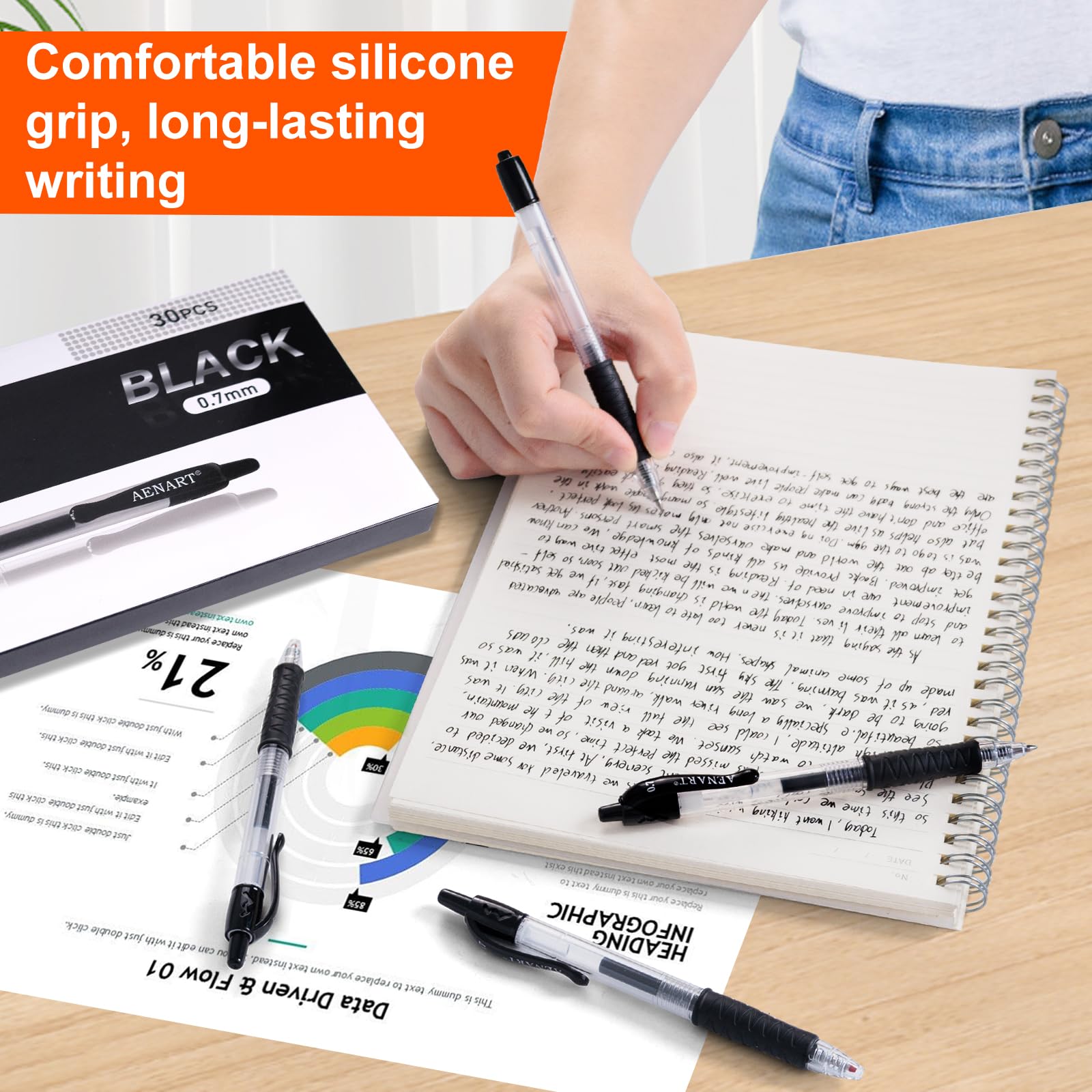 30 Pack Black Gel Pens - 0.7mm Fine Point Retractable for Smooth Writing | School & Office Supplies