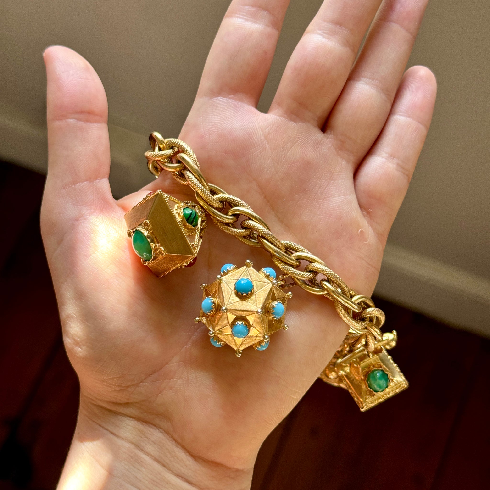 Vintage 18K Gold Multi-Stone Charm Bracelet with Fob - Elegant Jewelry for Women, Perfect for Parties, Weddings & Special Occasions