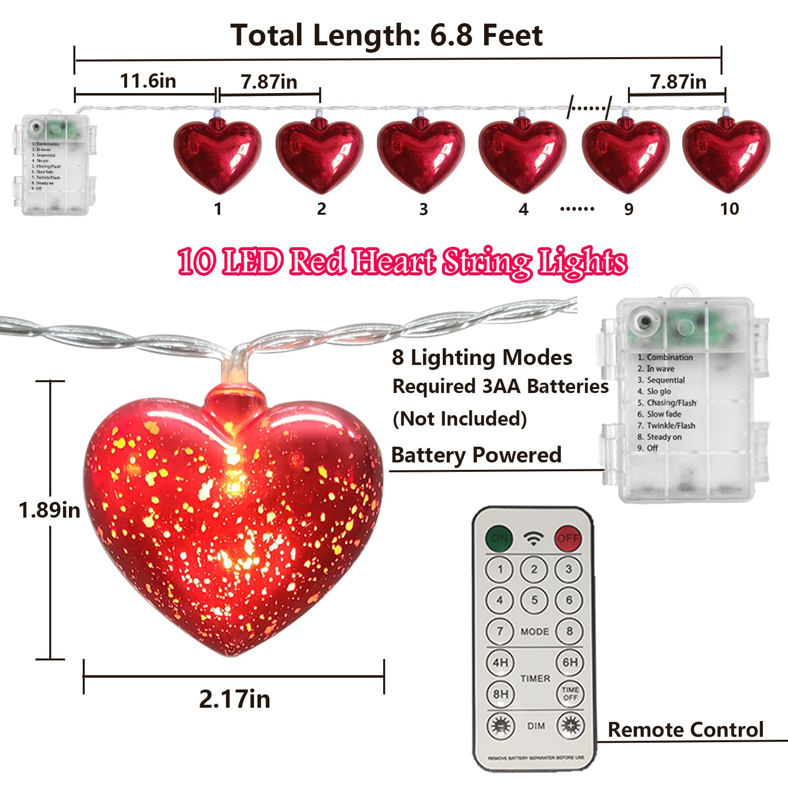 10 LED Valentine Heart String Lights - 6.8Ft Battery Powered with Remote Timer | Romantic Decor for Wedding, Christmas, Bedroom & Valentine's Day | Perfect for Indoor Lighting, Party Decorations & Romantic Ambiance