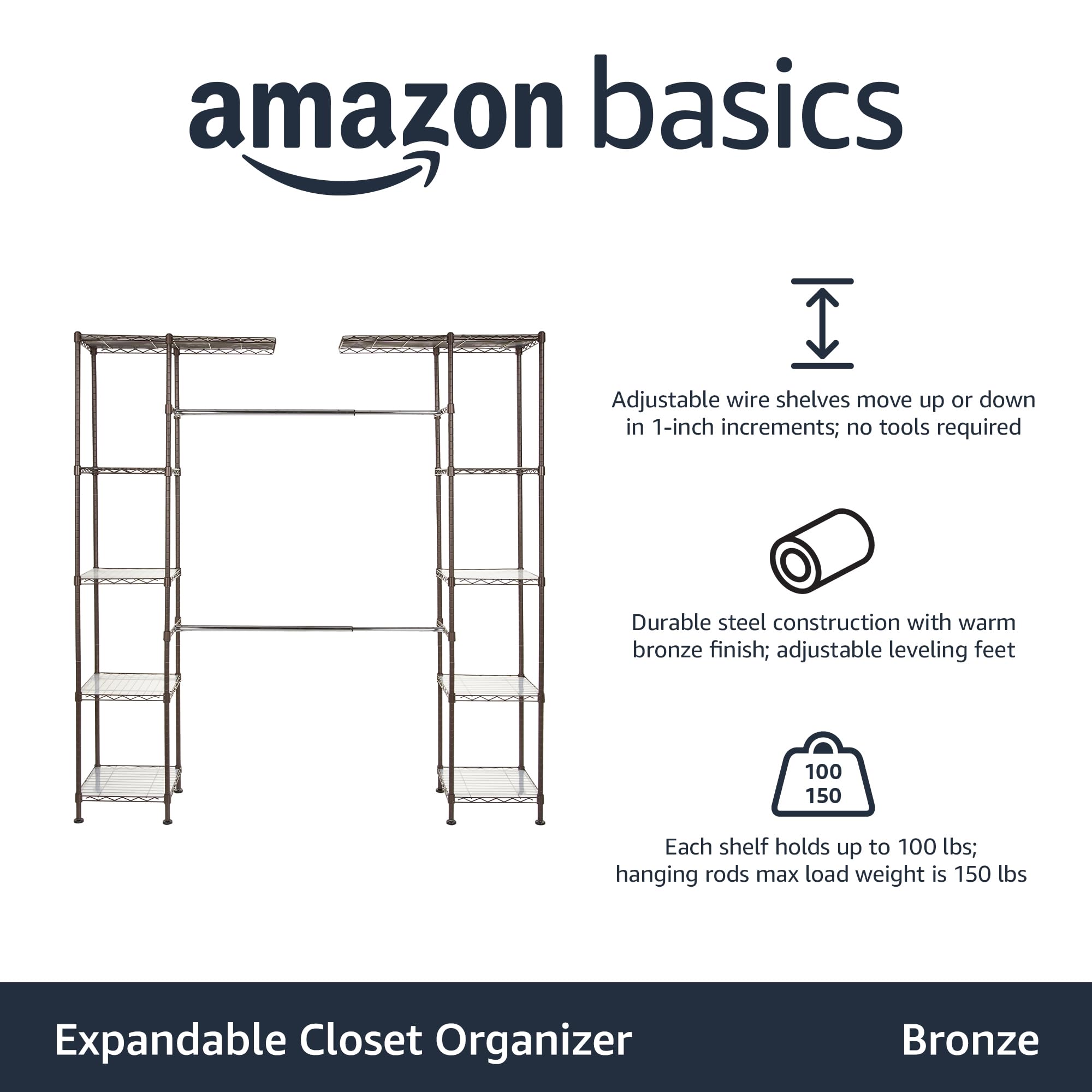 Amazon Basics Expandable Metal Hanging Closet Organizer - Adjustable Wardrobe Storage Rack with Shelves, 57-80 Inches Length, 14 Inches Width, 72 Inches Height, Bronze Finish - Perfect for Bedroom, Closet, Laundry Room & Dorm Organization