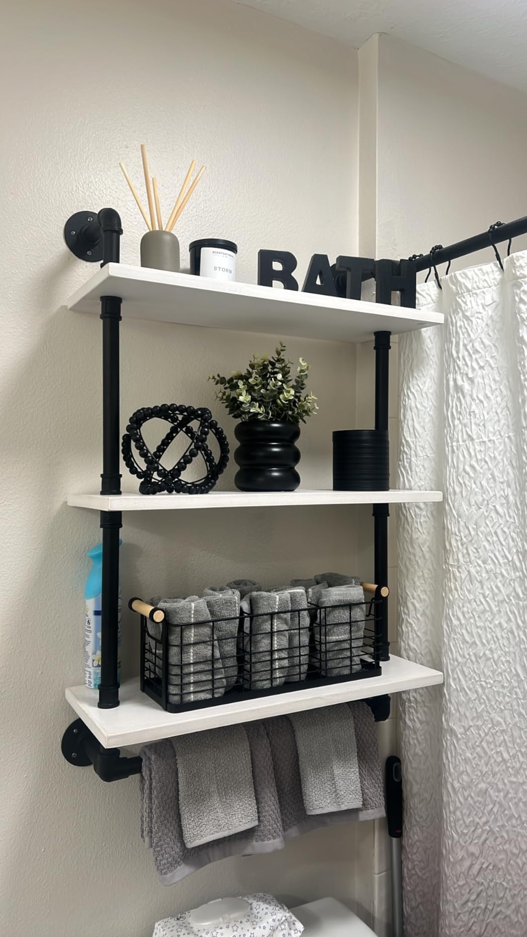 ROGMARS 3-Tier Industrial Pipe Shelving - 24 Inch Rustic Farmhouse Bathroom Wall Shelf with Towel Bar, Retro White - Perfect for Over Toilet Storage, Bathroom Organization & Farmhouse Decor