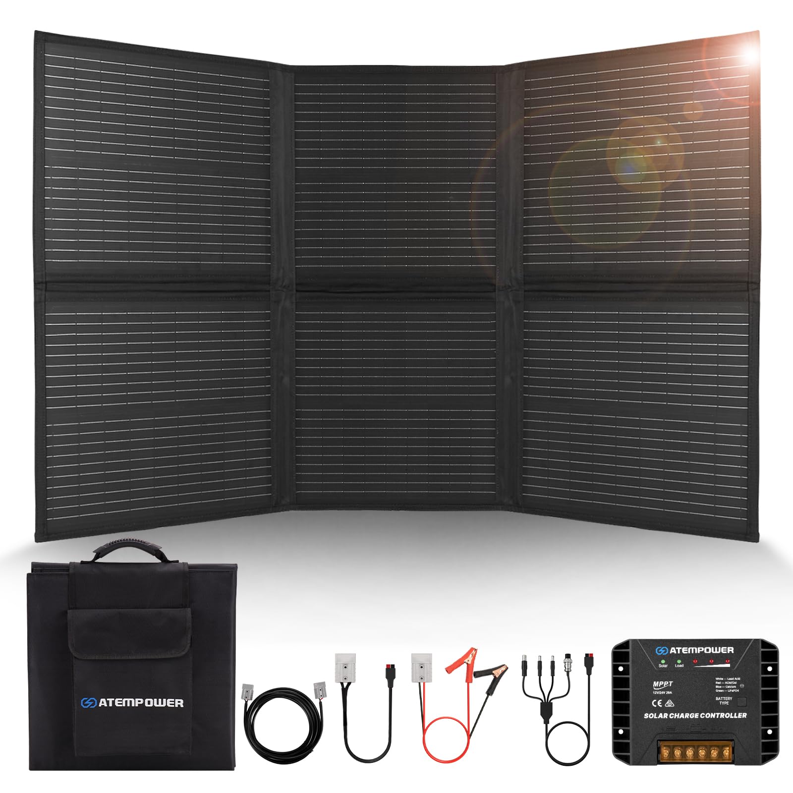 ATEM POWER 120W Portable Solar Panel Kit - Foldable Monocrystalline Solar Charger with 20A MPPT Controller & USB Output for RV, Camping, Off-Grid Power (Charges 12V Batteries/Power Stations) - Perfect for Outdoor Adventures, Emergency Backup & Sustainable Energy Solutions