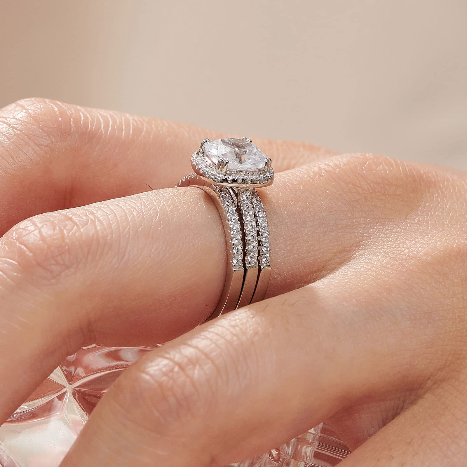 2.66CT Cushion Halo CZ Wedding Engagement Ring Set for Women - 925 Sterling Silver Bridal Promise Ring Enhancer - Size 4-12 - Perfect for Proposals, Anniversaries & Special Occasions