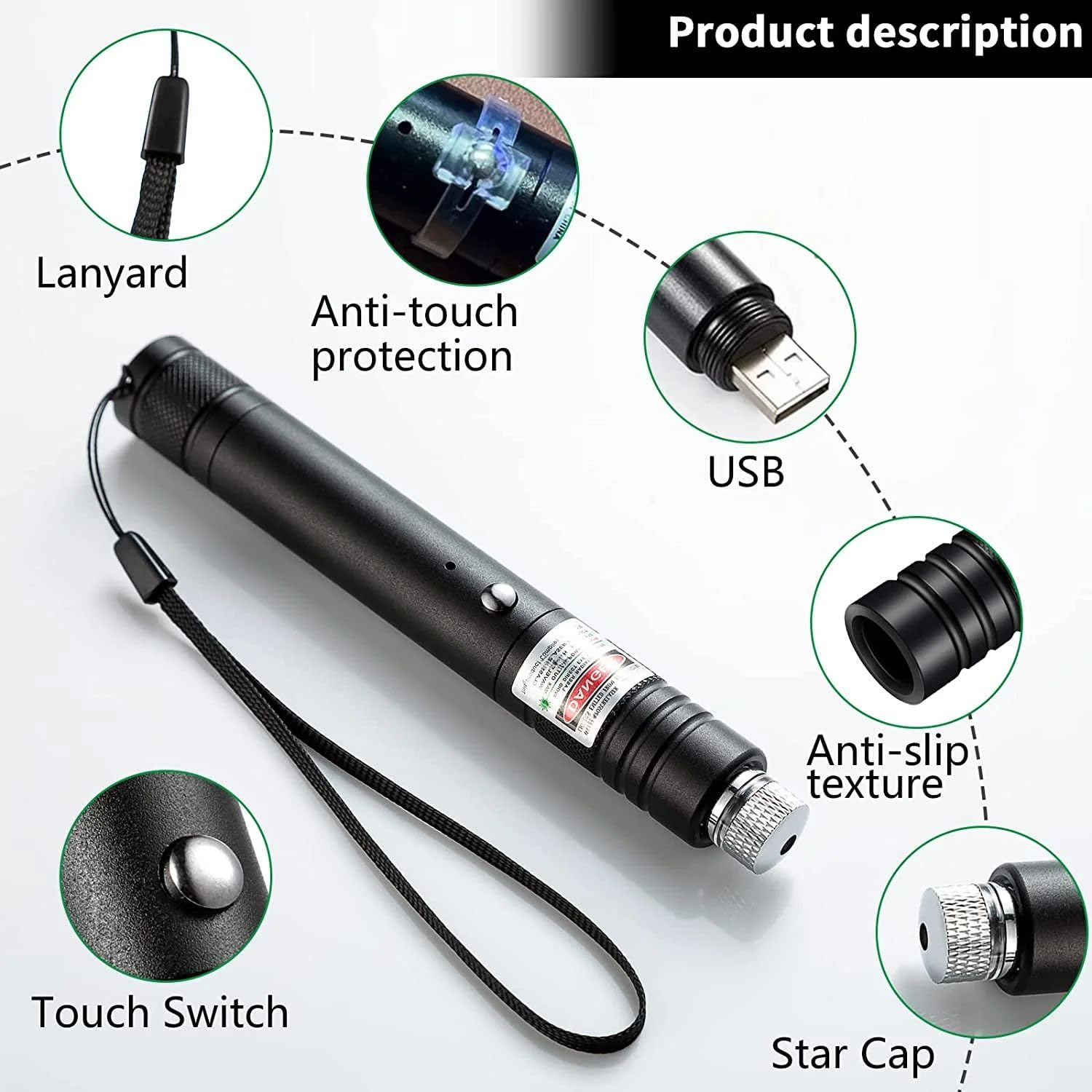 Cyahvtl High Power Green Laser Pointer - 2000m Long Range Tactical Flashlight with USB Rechargeable Battery & Adjustable Focus Star Cap - Perfect for Astronomy, Presentations, Outdoor Adventures and Nighttime Navigation