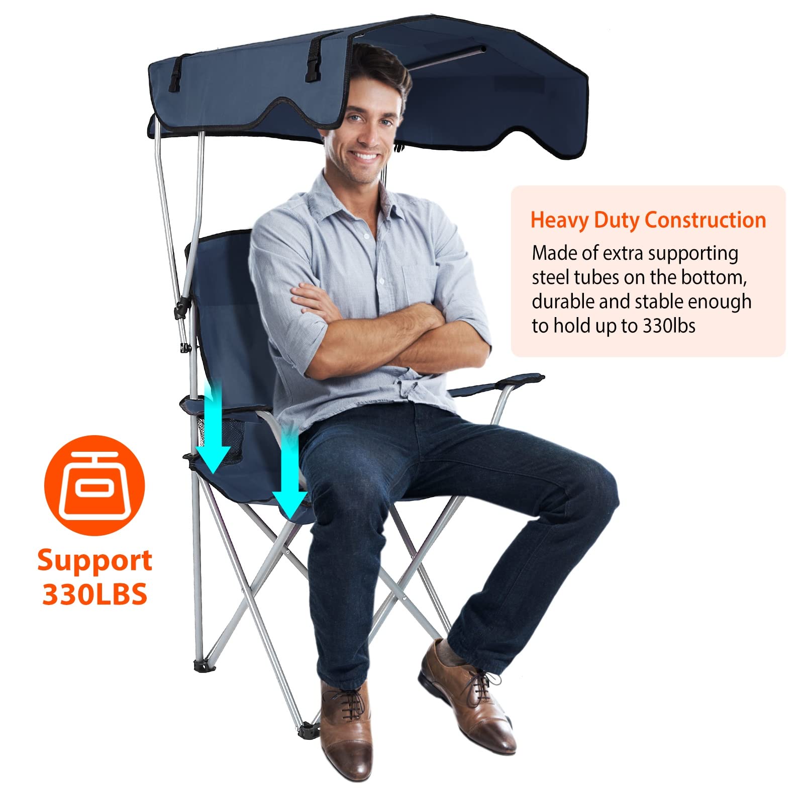 Foldable Beach Canopy Chair with Sun Shade - Heavy Duty Camping Chair with Cup Holder for Outdoor, Beach, Park, and Patio Use - Navy Blue Portable Sun Protection Canopy for Relaxing in Backyard, Picnics, and Summer Camping Trips