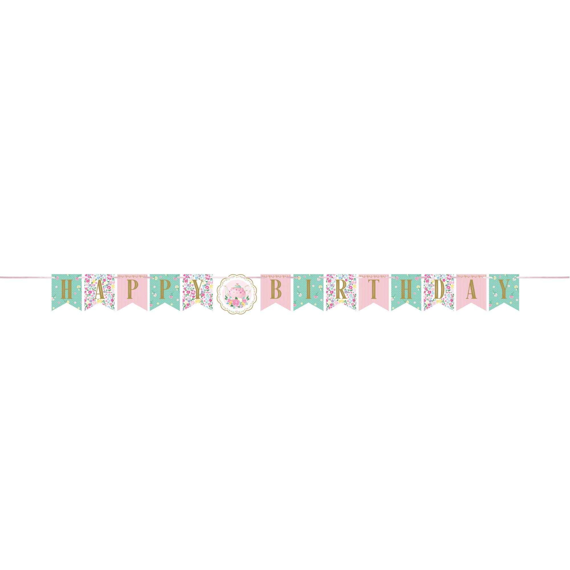 Club Pack of 12 Green & Pink Happy Birthday Floral Tea Party Banners - 66 Inch Decorative Party Decor for Birthday Celebrations, Baby Showers & Bridal Showers