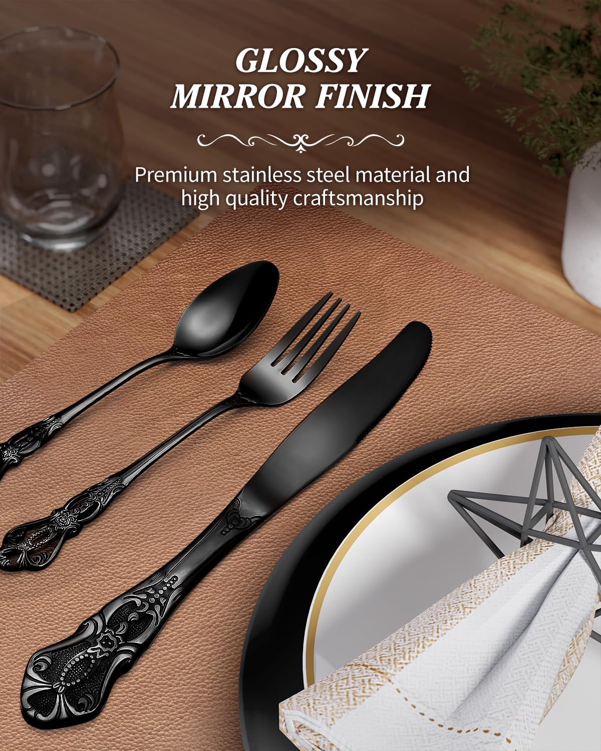 48-Piece Black Silverware Set for 8 People - Elegant Retro Royal Flatware Set with Steak Knives - Stainless Steel Cutlery Set Includes Forks, Spoons & Knives - Mirror Finish & Dishwasher Safe - Perfect for Dinner Parties, Weddings & Upscale Dining