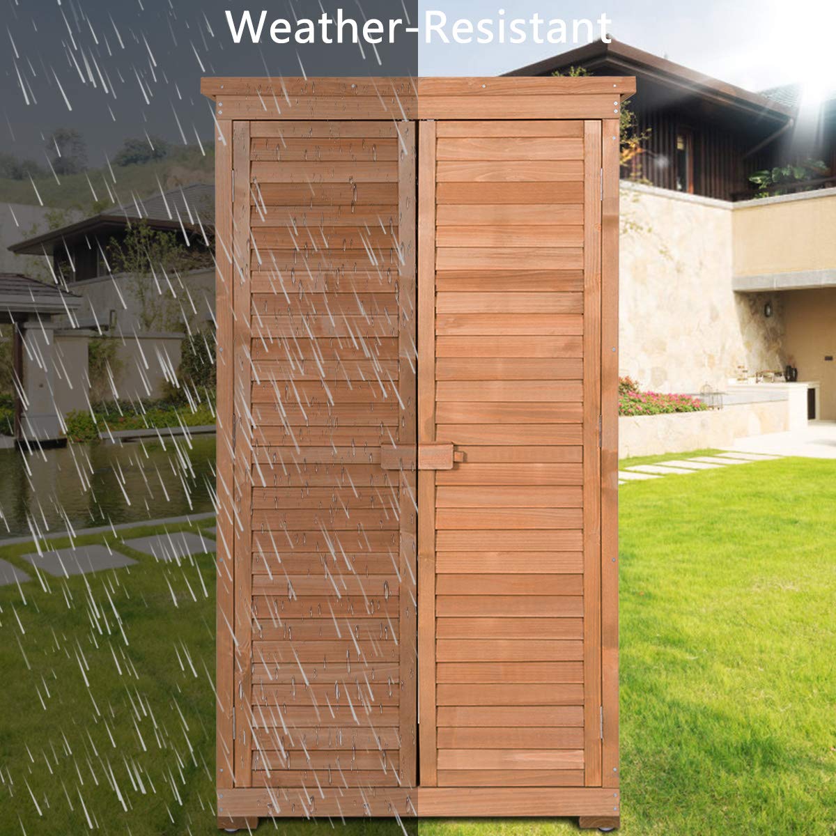 Goplus Outdoor Storage Cabinet - Weatherproof Wooden Shed with Lockable Latch, Adjustable Shelves & Durable Pitch Roof - Perfect Vertical Garden Tool Organizer for Backyard, Patio, Deck & Garage Storage (Ideal for Storing Lawn Equipment, Gardening Tools & Outdoor Accessories)