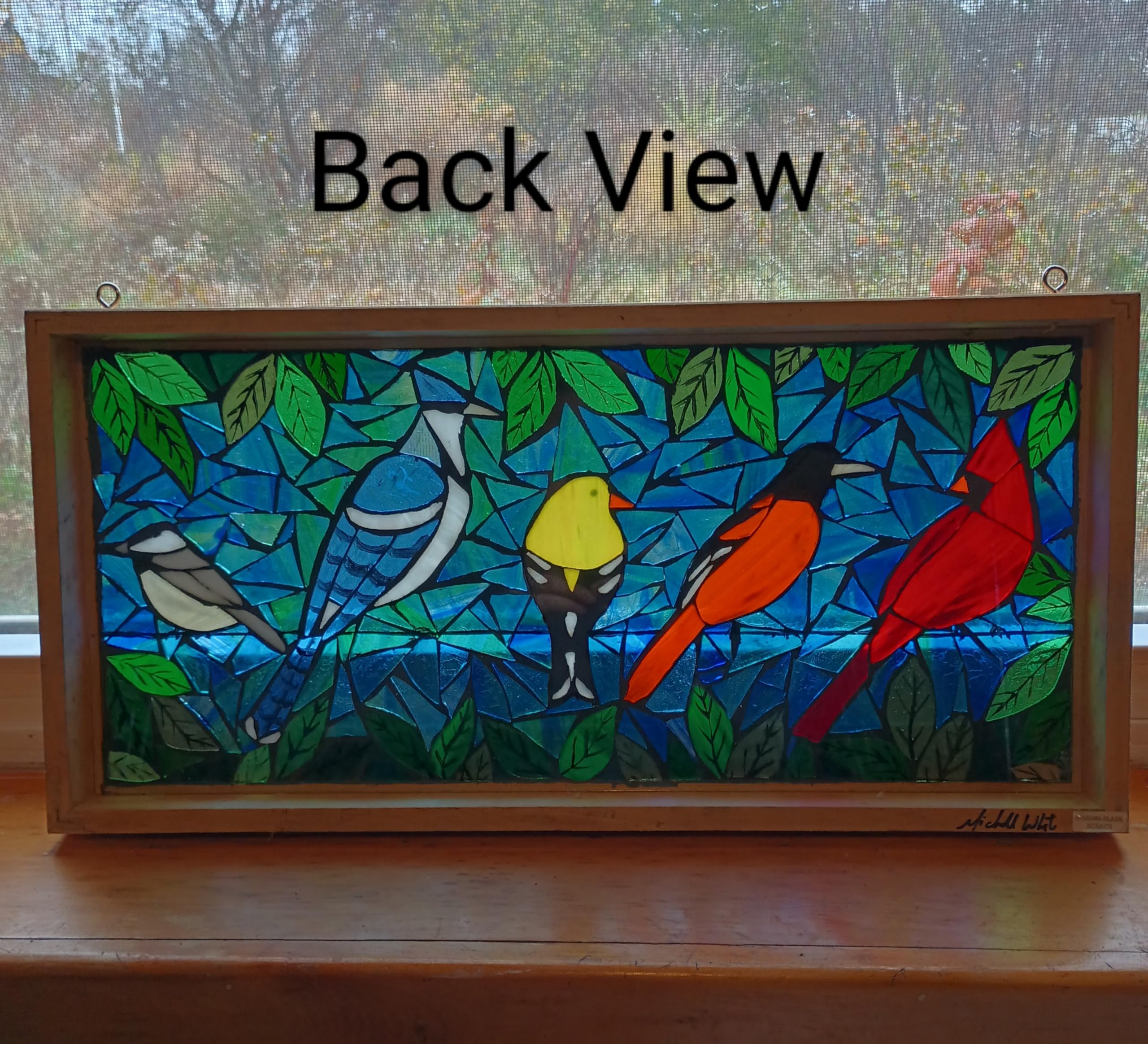 Handmade Stained Glass Mosaic Panel - Birds on Wire Design - Perfect for Window Decor, Wall Art & Home Décor