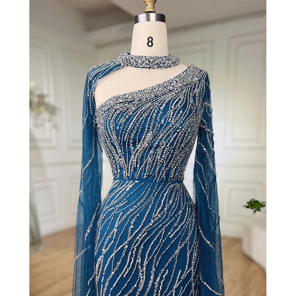 Elegant Black Mermaid Evening Gown with Cape Sleeves & Beaded Details - Luxury Women's Formal Dress for Arabic Parties, Galas & Special Occasions | Serene Hill LA72112