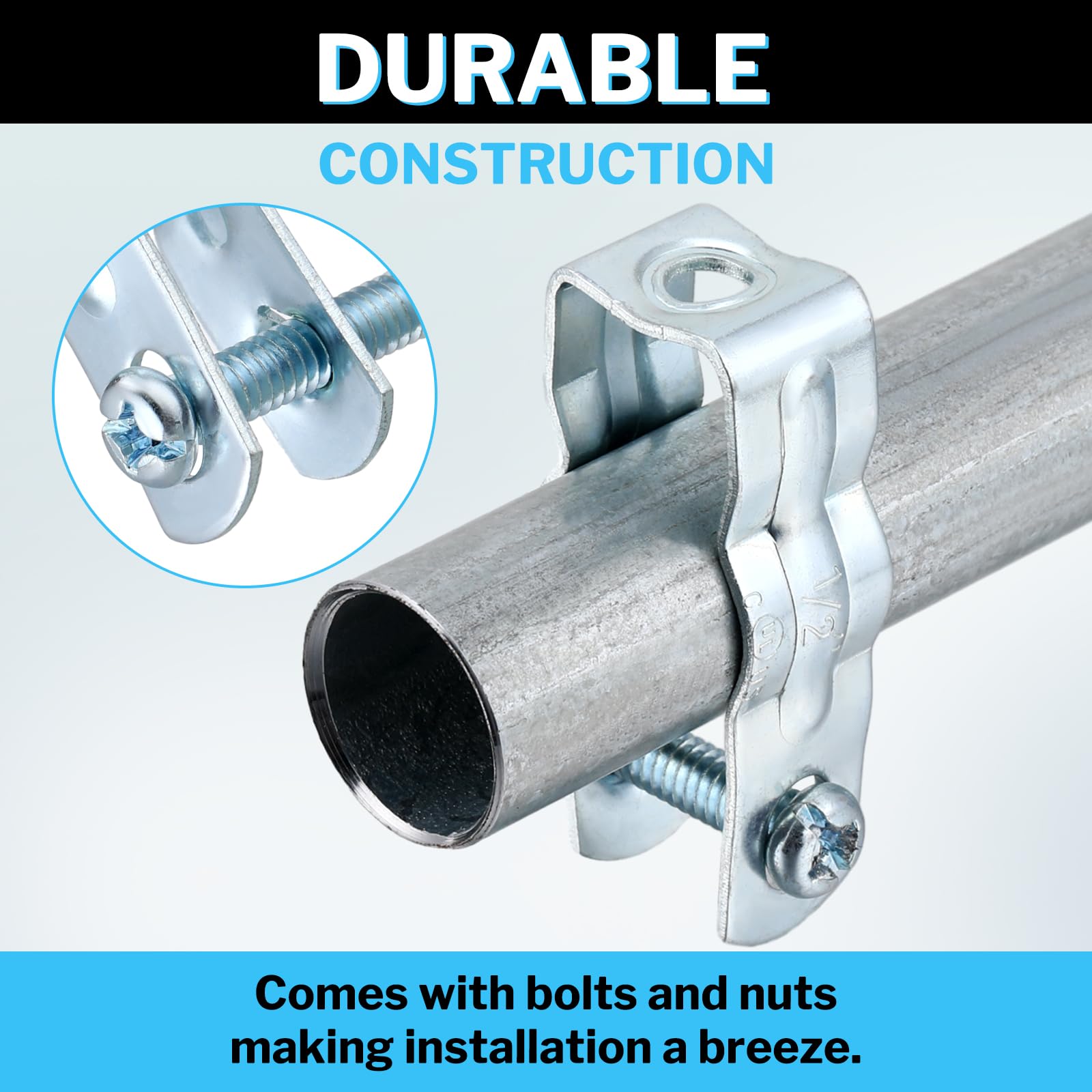 25 Pcs 1/2 Inch EMT Conduit Hangers with Bolt - Galvanized Metal Conduit Clamps & Strut Straps for Threaded Rods or Insulated Supports - Heavy Duty Rigid Pipe Fittings Mounting for Electrical Wiring, HVAC & Plumbing Installations