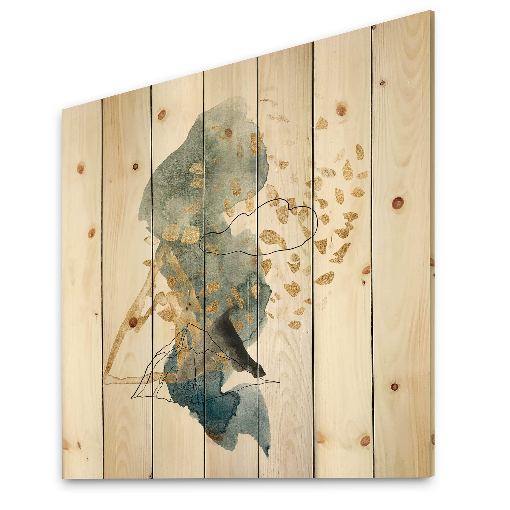 Modern Abstract Wood Wall Art - Dark Blue Mountains & Gold Strokes Landscape on Natural Pine Wood, Large Contemporary Wood Wall Decor for Living Room, Bedroom & Office