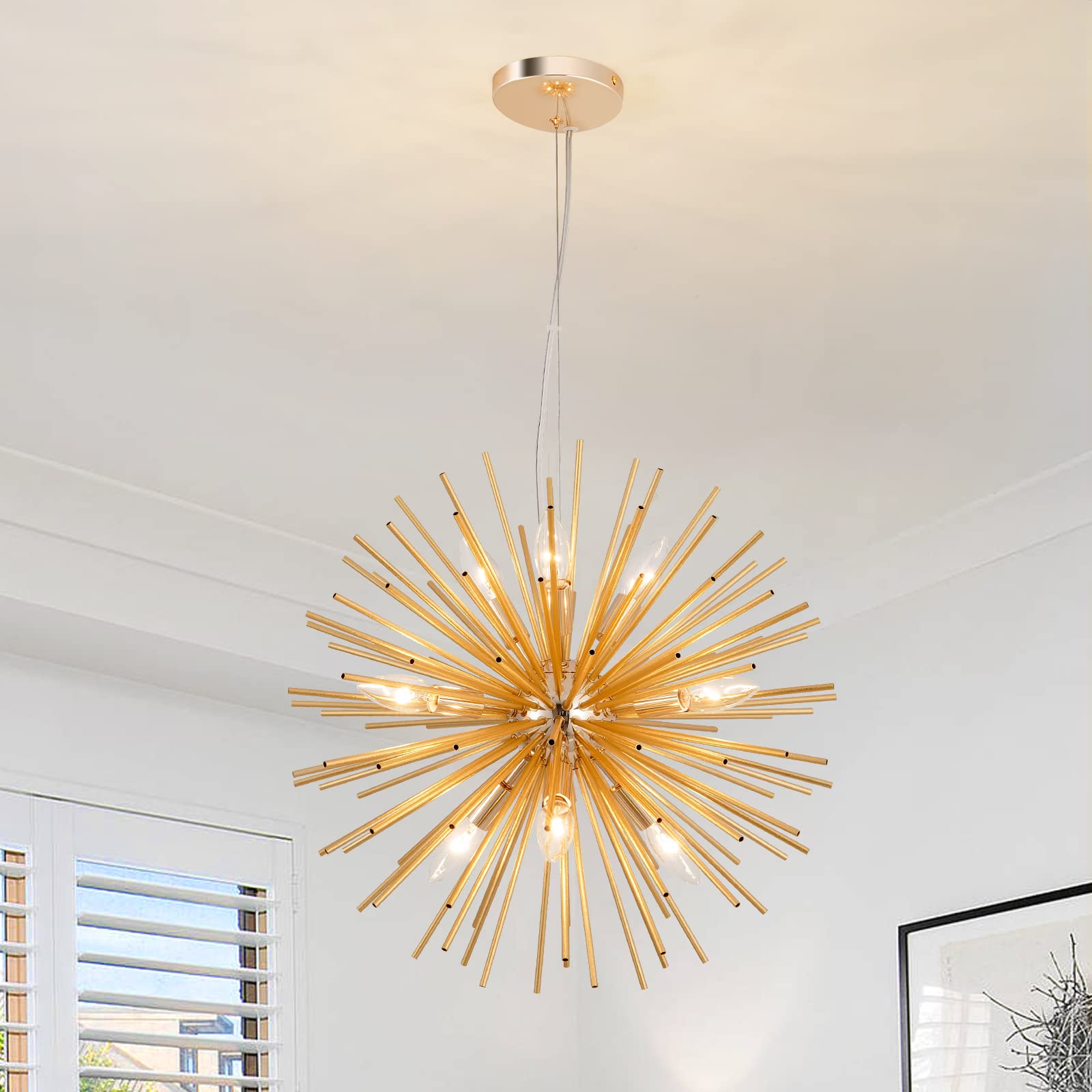 Modern Gold Sputnik Chandelier - 9-Light Satellite Pendant Lighting Fixture with Starburst Firework Design for Bedroom, Living Room, Dining Room & Kitchen Island - E12 Socket, 19.7