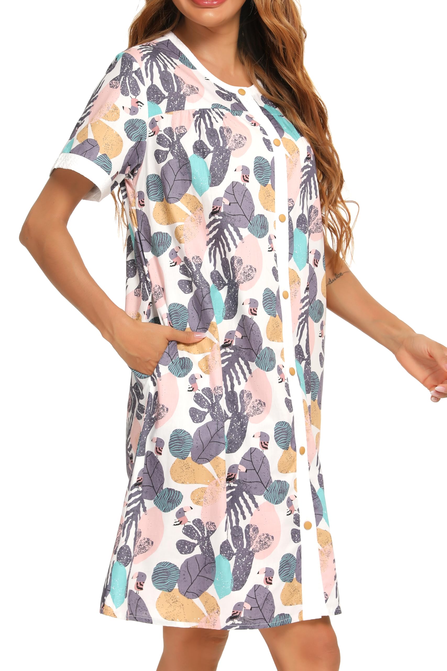 YOZLY Women's Short Sleeve House Dress - Comfortable Cotton Duster Robe with Pockets | Perfect for Lounging, Morning Coffee & Relaxing at Home