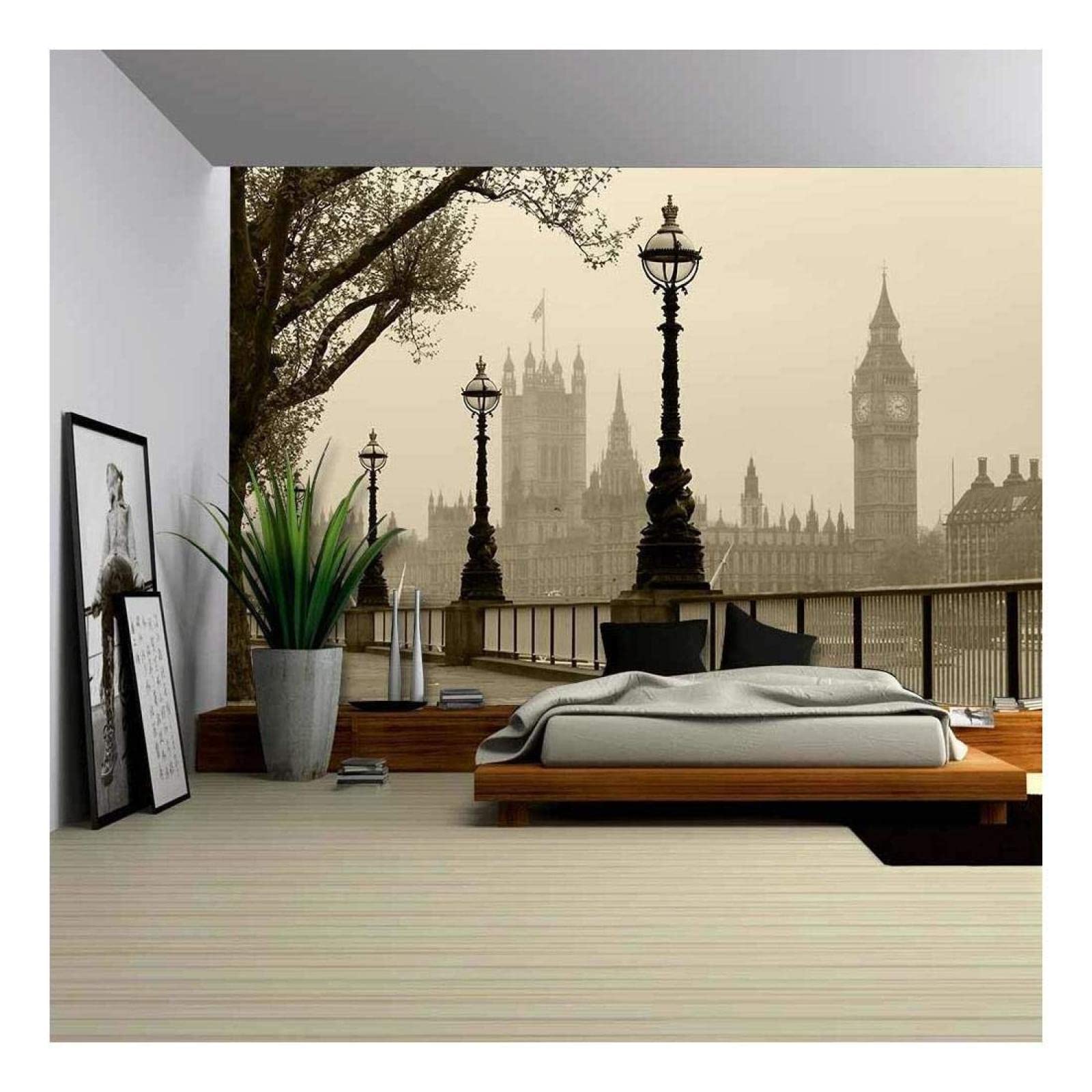 London in Fog 3D Panoramic Mural Wallpaper - Big Ben & Houses of Parliament Photo Wall Decor for Living Room, Dining Room, Bedroom (137.8