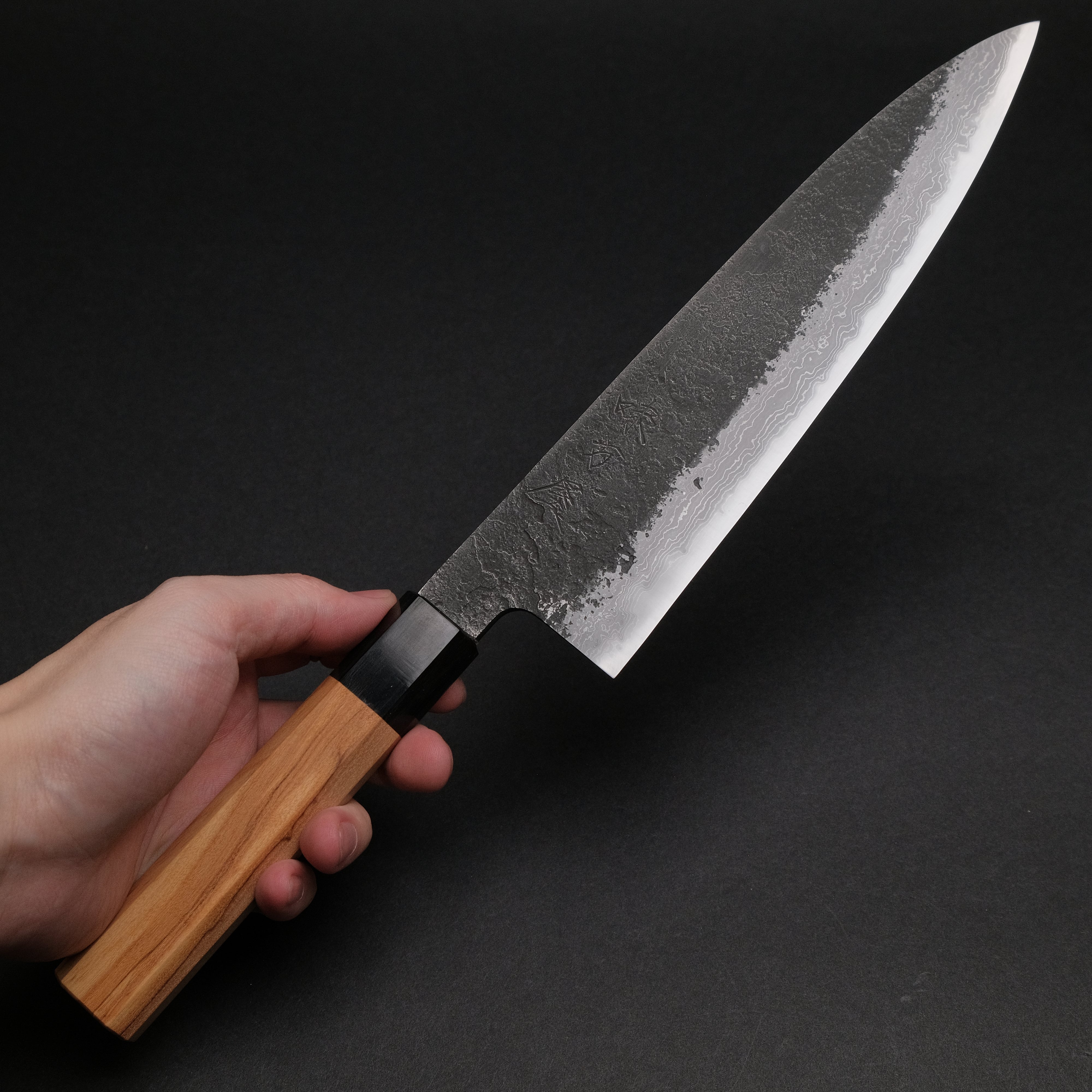 Ajikataya White #2 Nashiji Damascus Gyuto 210mm Japanese Chef Knife with Olive Wood & Buffalo Horn Handle - Perfect for Sushi, Meat Slicing, and Professional Kitchen Use