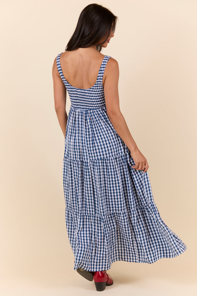 Navy Blue Gingham Maxi Dress for Women - Flowy Summer Beach Dress, Church Outfit & Casual Sundress - FINAL SALE