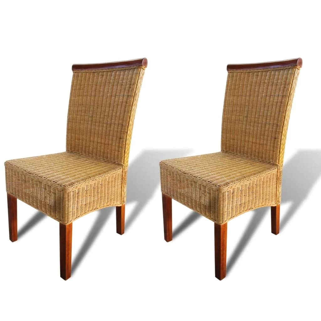 vidaXL Set of 2 Brown Rattan Dining Chairs - Handwoven Wicker Kitchen & Dining Room Furniture for Indoor Use - Perfect for Breakfast Nook, Patio, or Small Space Dining