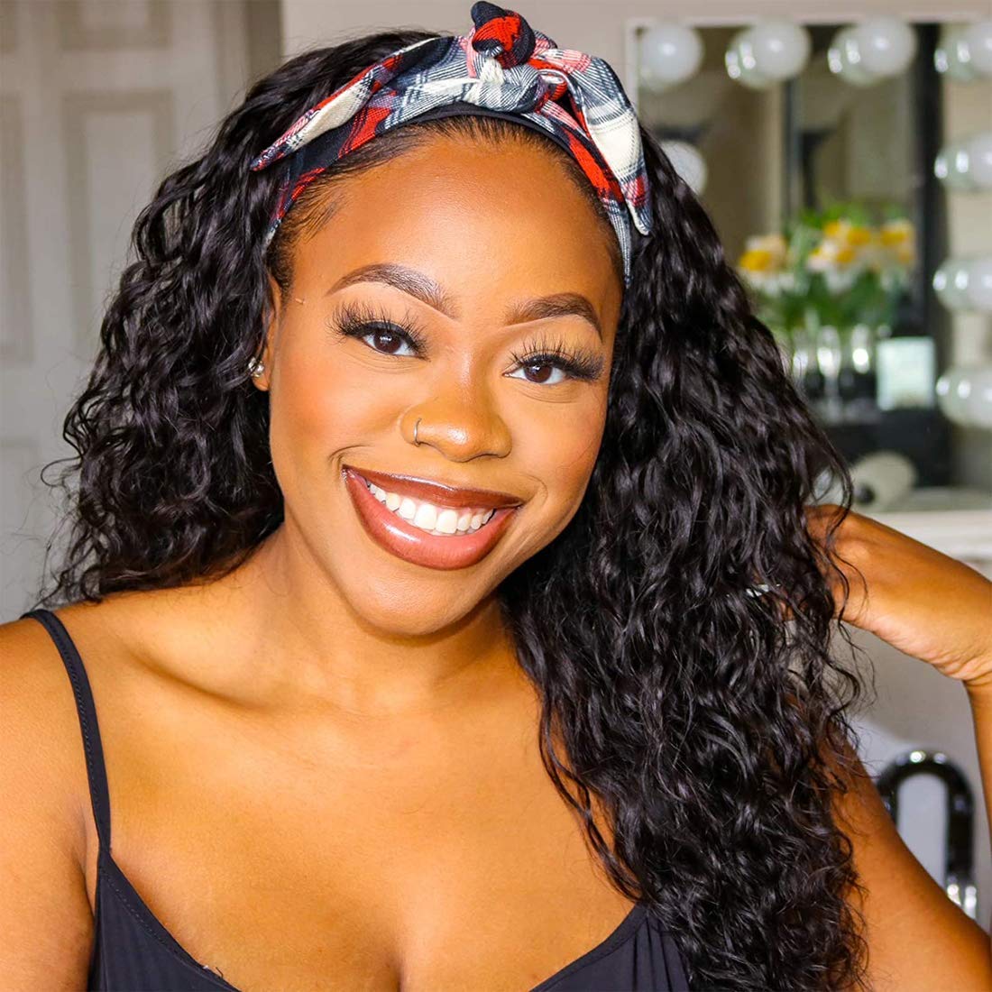 Beauty Forever Headband Human Hair Wigs - Water Wave Glueless Wig with Pre-Attached Scarf | Non Lace Front Natural Color 20 Inch 150% Density Wigs for Women | Perfect for Daily Wear, Cosplay & Protective Styling