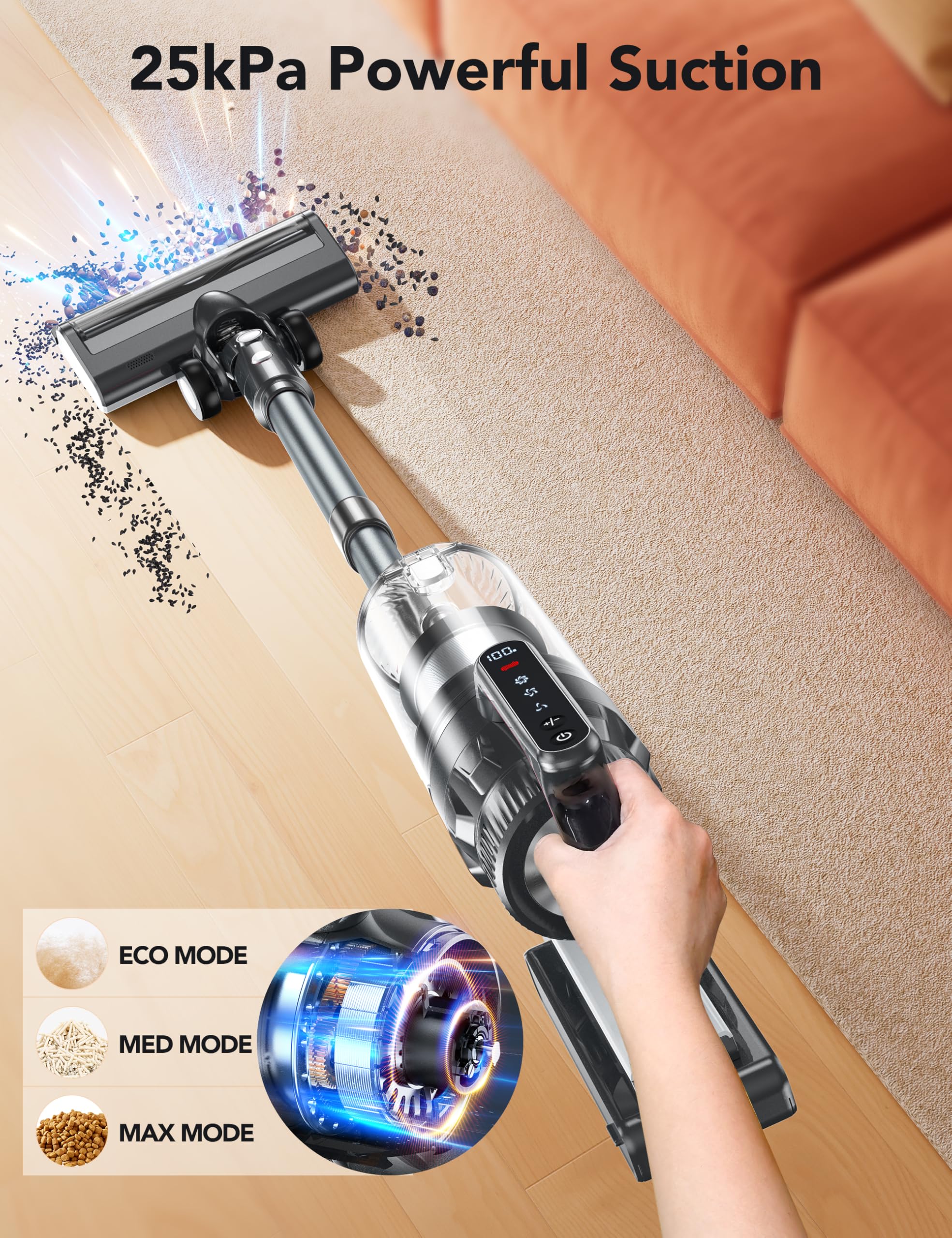 23000Pa Powerful Cordless Vacuum Cleaner Rechargeable - XL Dust Cup, LED Headlights, 45min Runtime, 3 Modes - Lightweight Stick Vac for Carpet, Hardwood Floors & Pet Hair (Black) | Perfect for Home Cleaning, Car Detailing & Pet Owners