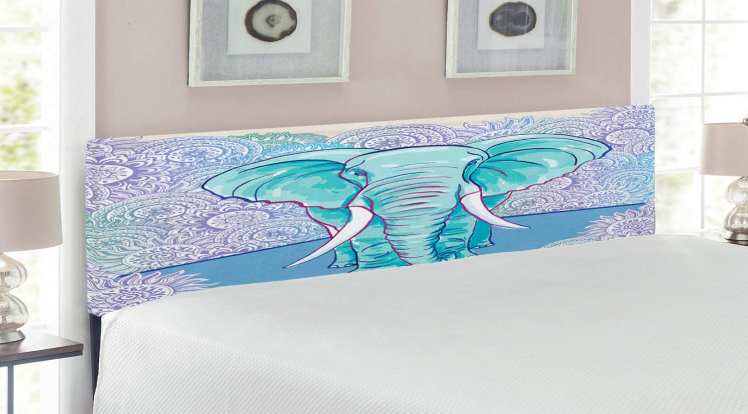 Ambesonne King Size Upholstered Metal Bed Headboard with Memory Foam - Elephant Watercolor Design, Floral Oval Motifs & Ombre Effect, Multicolor Decorative Headboard for Bedroom, Living Room or Guest Room