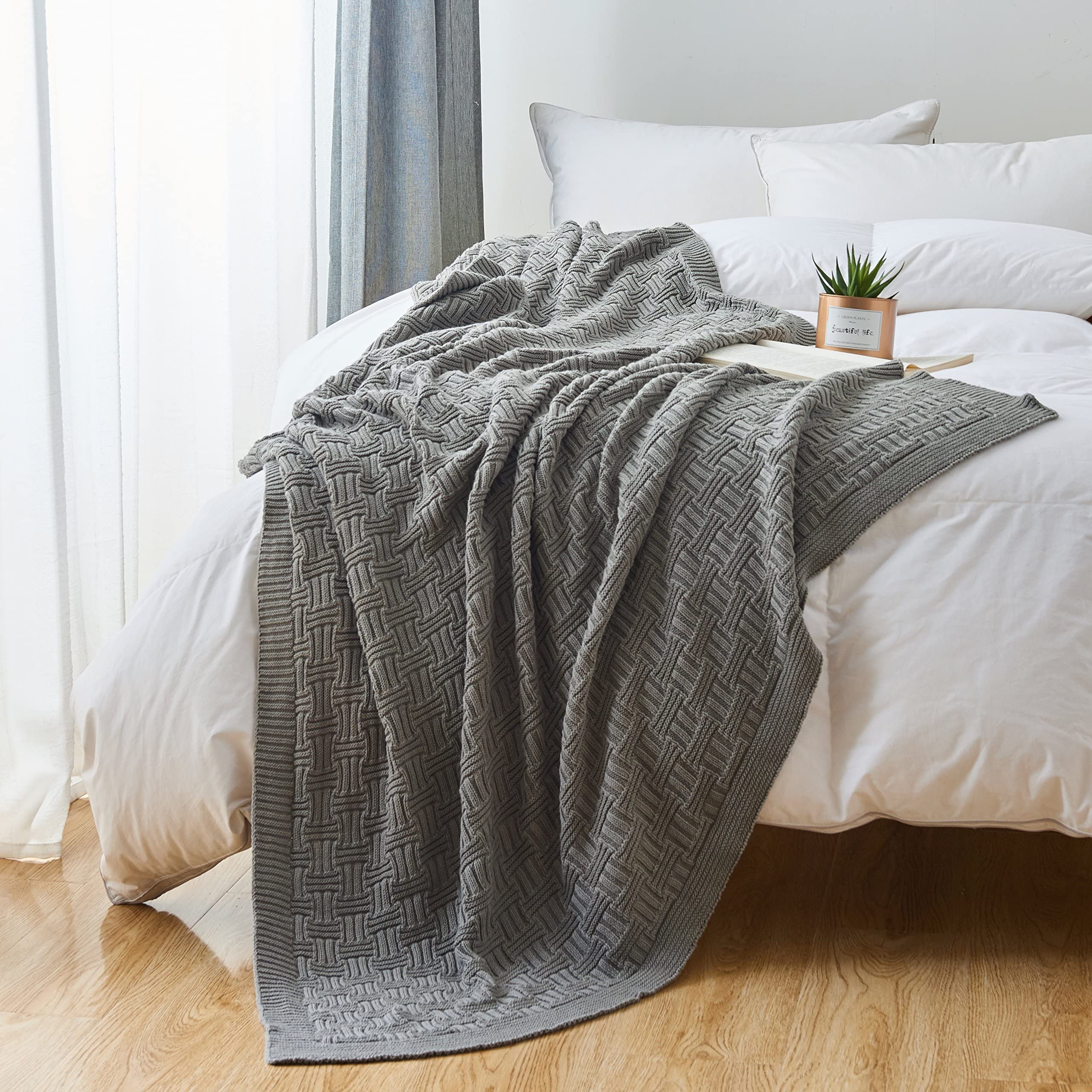 Oversized 60x80 Inch Soft Grey Knit Throw Blanket - 100% Cotton Lightweight Blanket for Bed, Couch & Sofa - Cozy Home Decor for Living Room, Bedroom & Travel