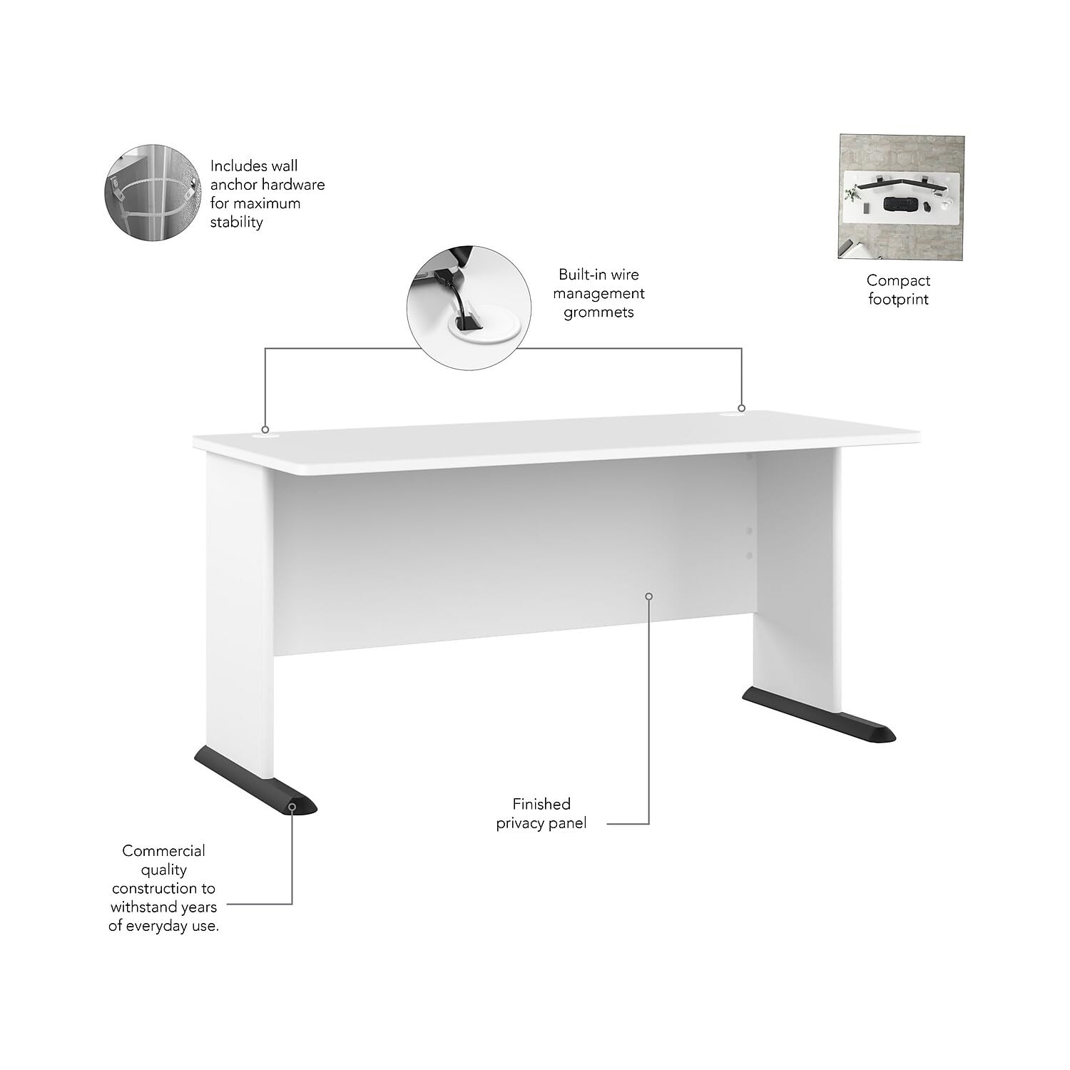 Bush Business Furniture Studio A 60W White Gaming Desk - Ergonomic Computer Desk for Home Office, Gaming Setup & Workspace