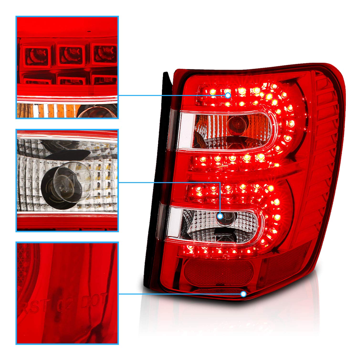AmeriLite Red/Clear LED Tail Lights Replacement for 1999-2004 Jeep Grand Cherokee - Left & Right Side - Enhanced Visibility & Safety for Night Driving & Off-Road Adventures